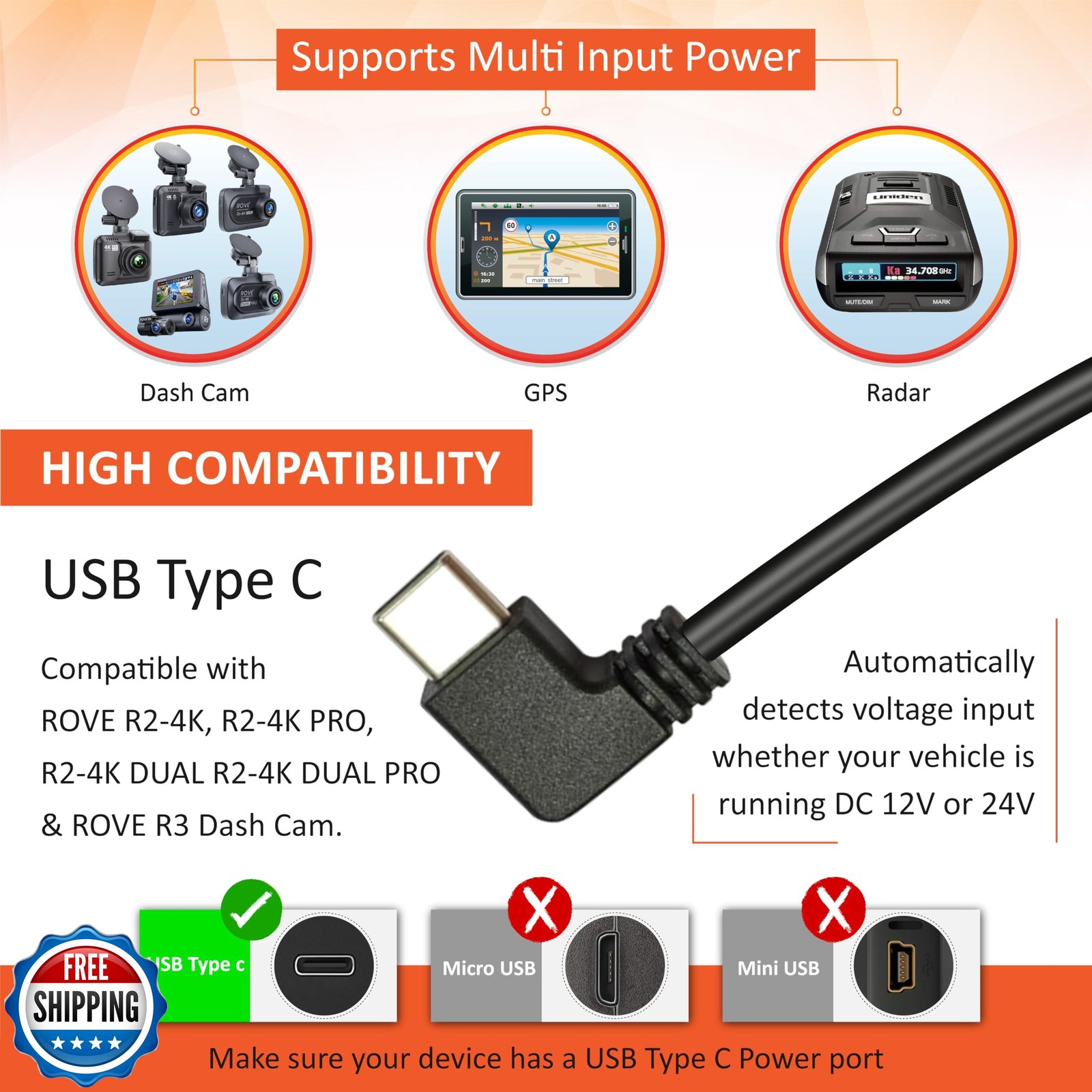 ROVE Ultimate Dash Cam Hardwire Kit with USB-C Port for R2-4K, R2-4K PRO, R2-