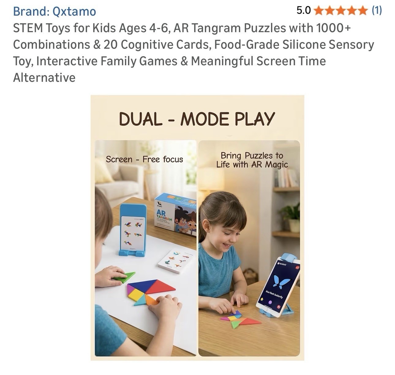 Qxtamo STEM Toys for Kids Ages 4-6, AR Tangram Puzzles with 1000+ Combinations