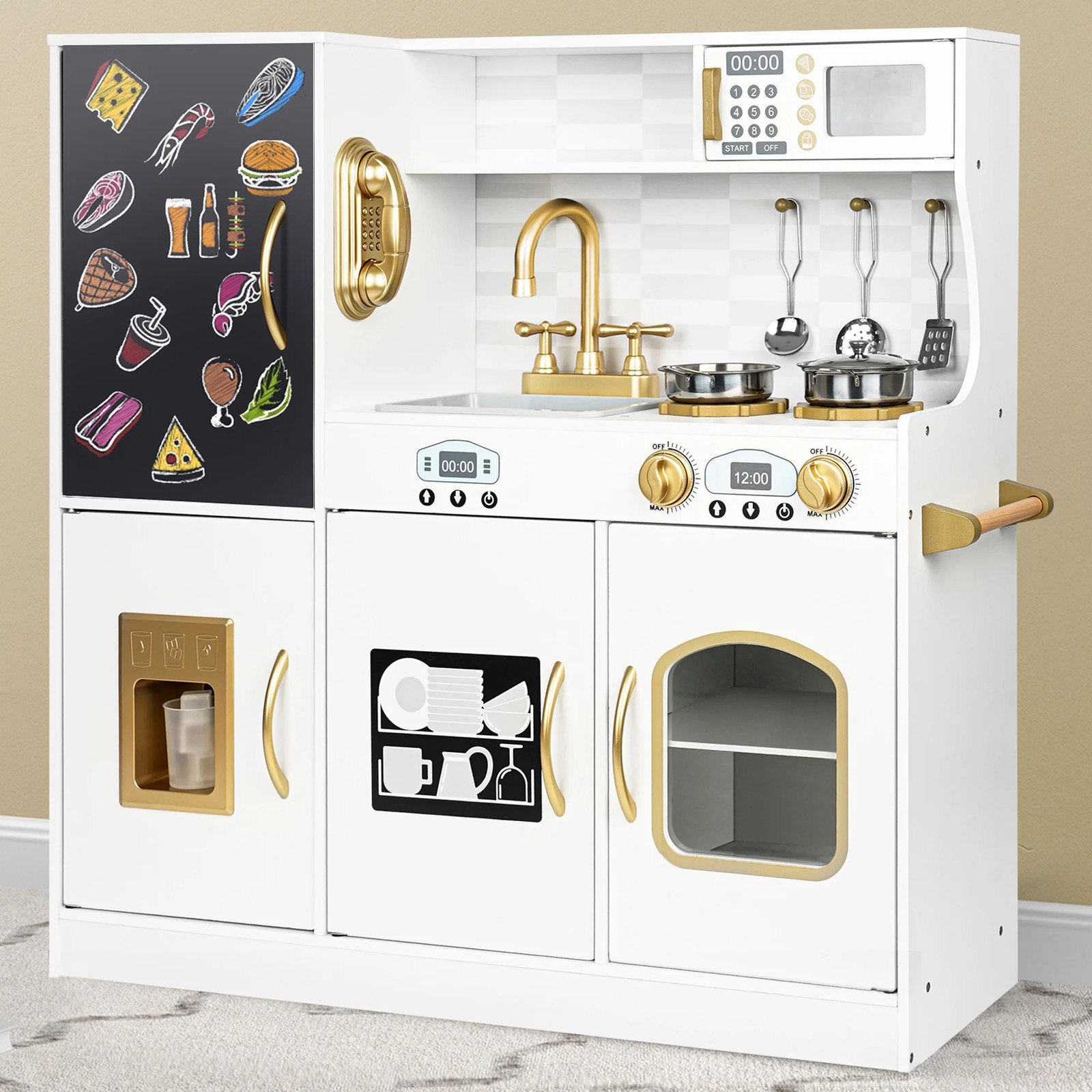 COCLUB Wooden Play Kitchen Set with Accessories for Kids Age 3-8 – White