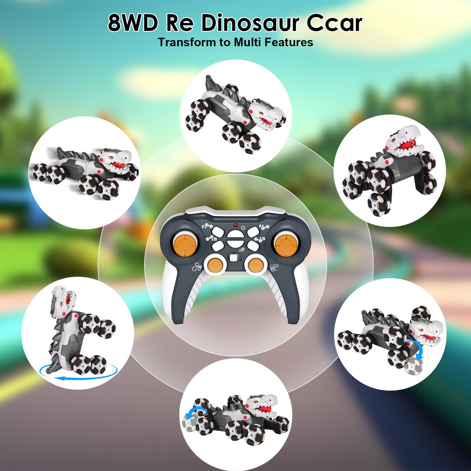 8 Wheels Dinosaur Transform RC Stunt Ca RC w/ Transforming&Spray & 360° Rotation