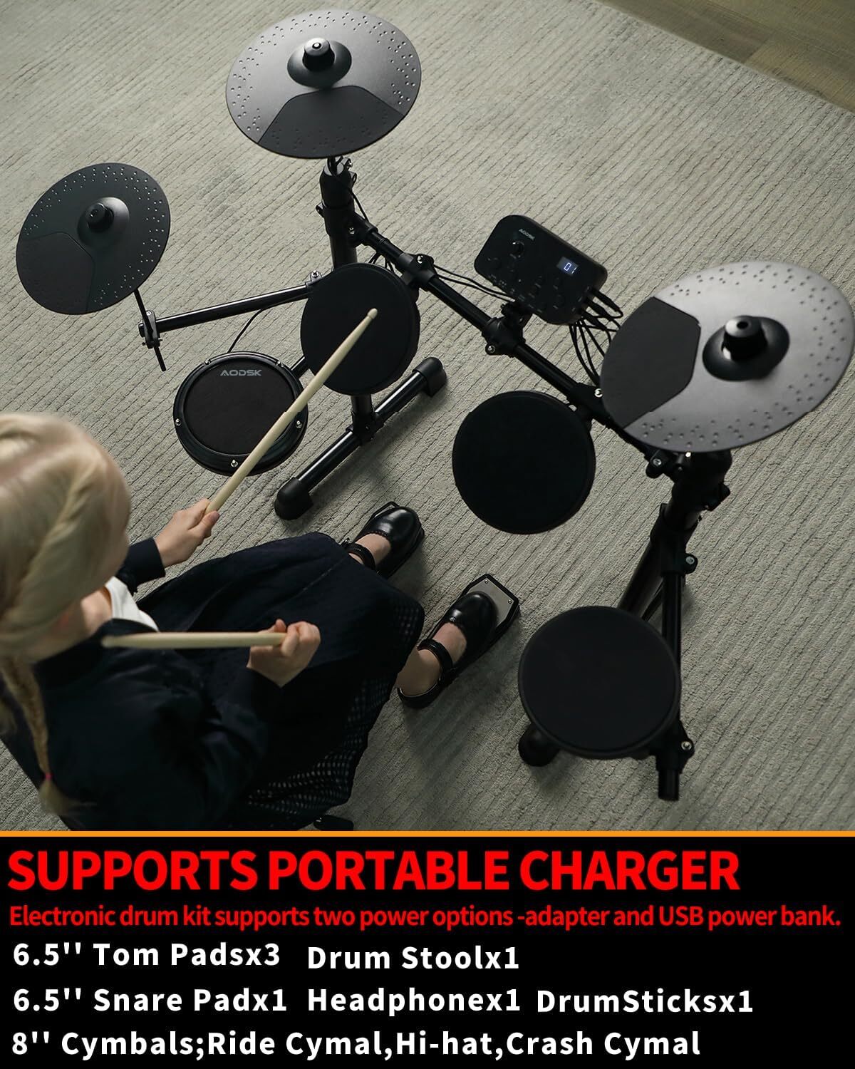 AODSK Electric Drum Set for Beginner Kids with 150 Sounds,4 Quiet Drum Pads,2