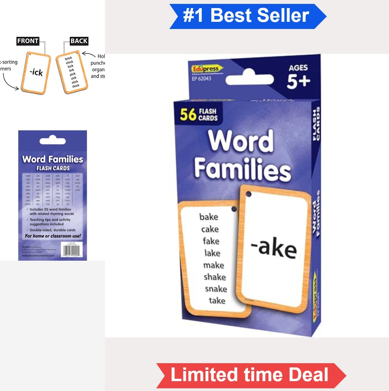 Word Families Flash Cards 56 Double Sided Cards Language Skills 3-1/8×5-1/8