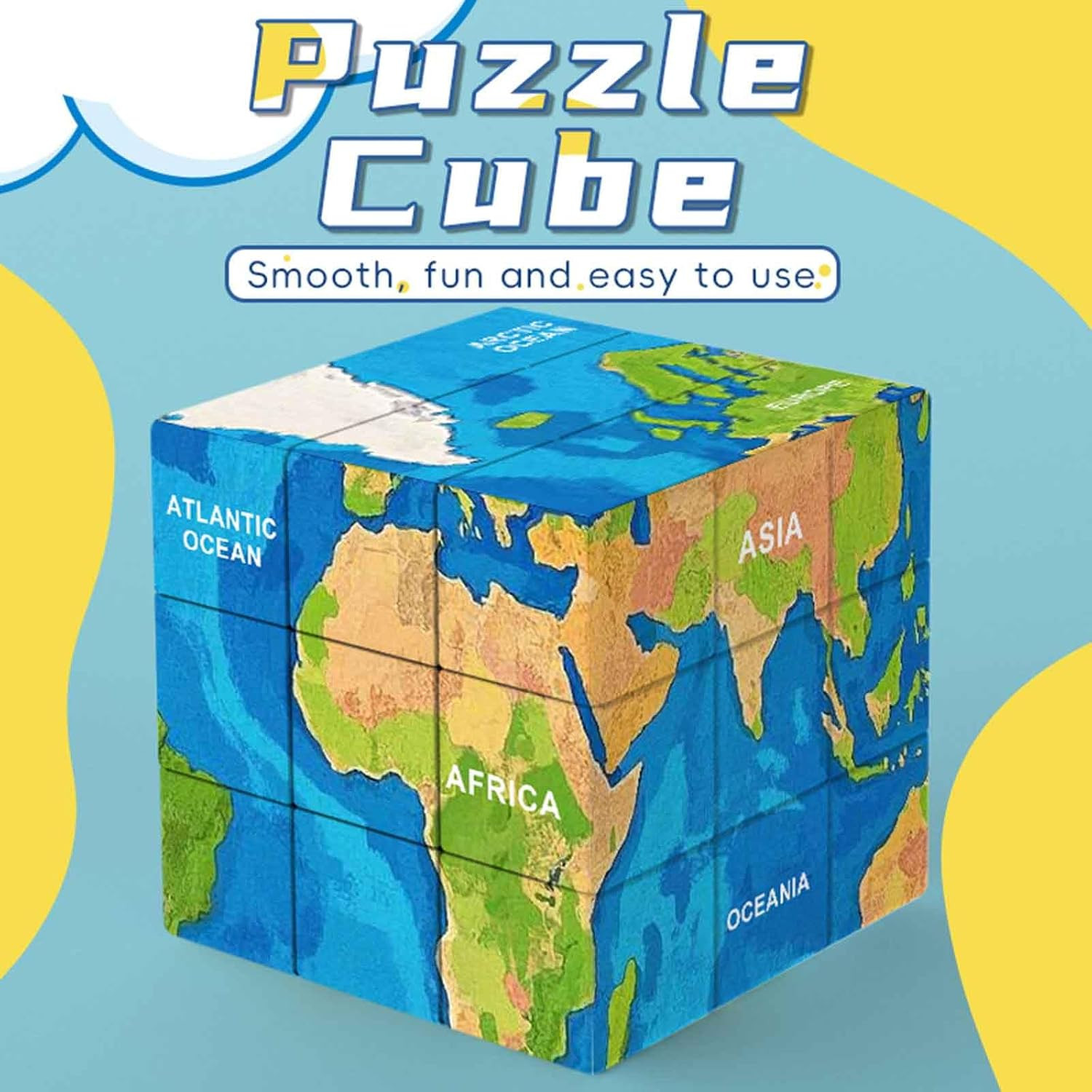 World Map 3D Cube Educational Toy, Geography Learning Puzzle, 6 Continents and O