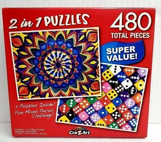 2 IN 1 PUZZLES JIGSAW SET MIX 480pc MANDALA ART FIREWORKS COLORFUL DICE COLLAGE