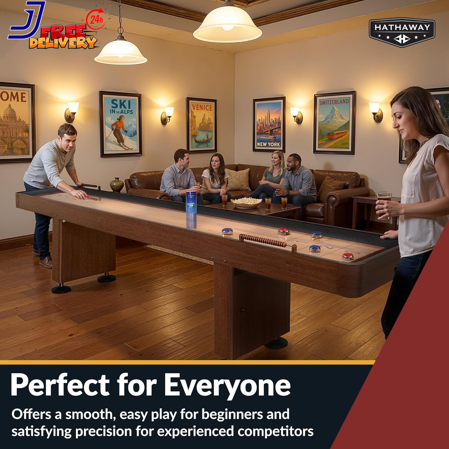 Challenger Shuffleboard Table for Family Arcade Game Room with Poly Coated Playf