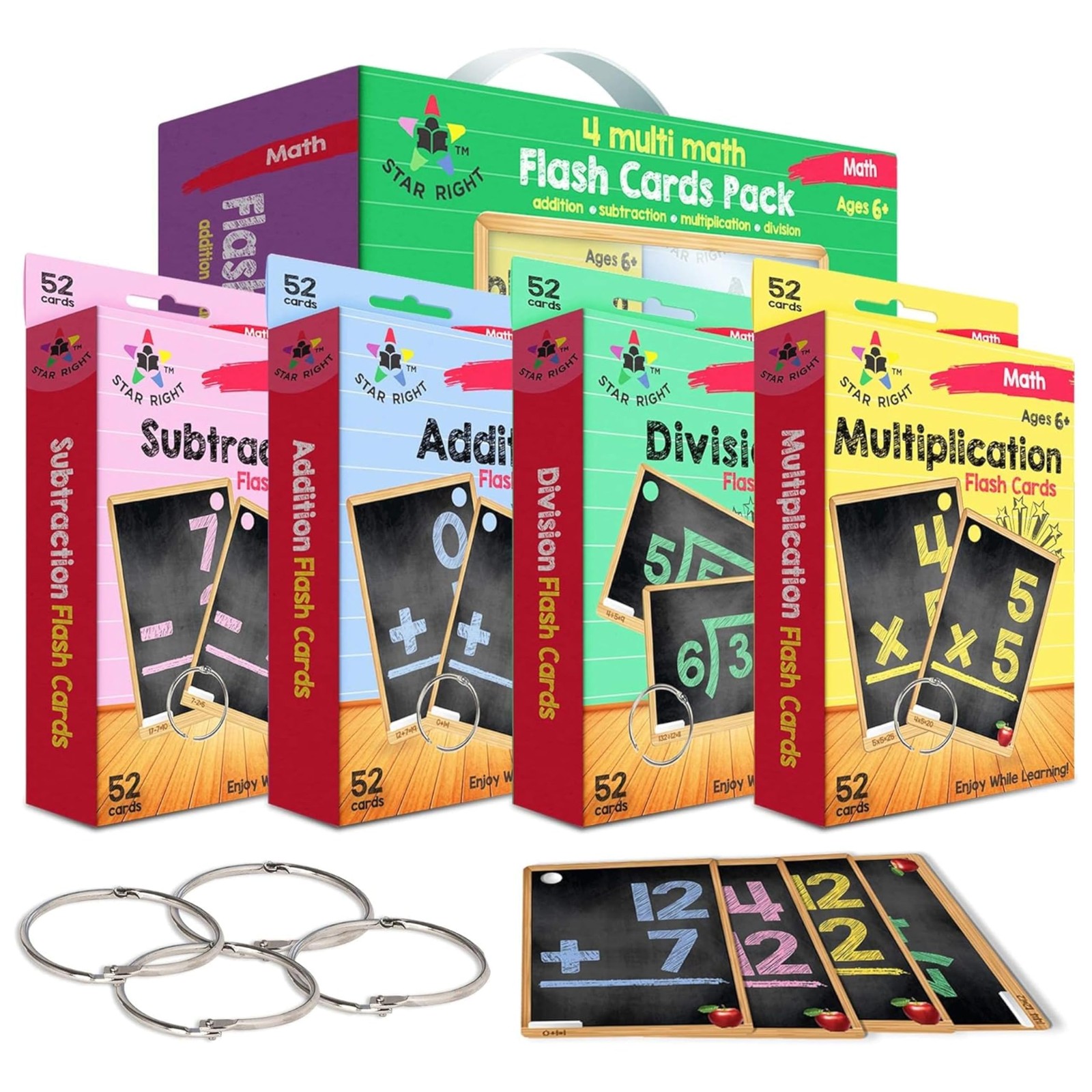 Math Flash Cards Set of 4 Addition, Subtraction, Multiplication, Division wi…