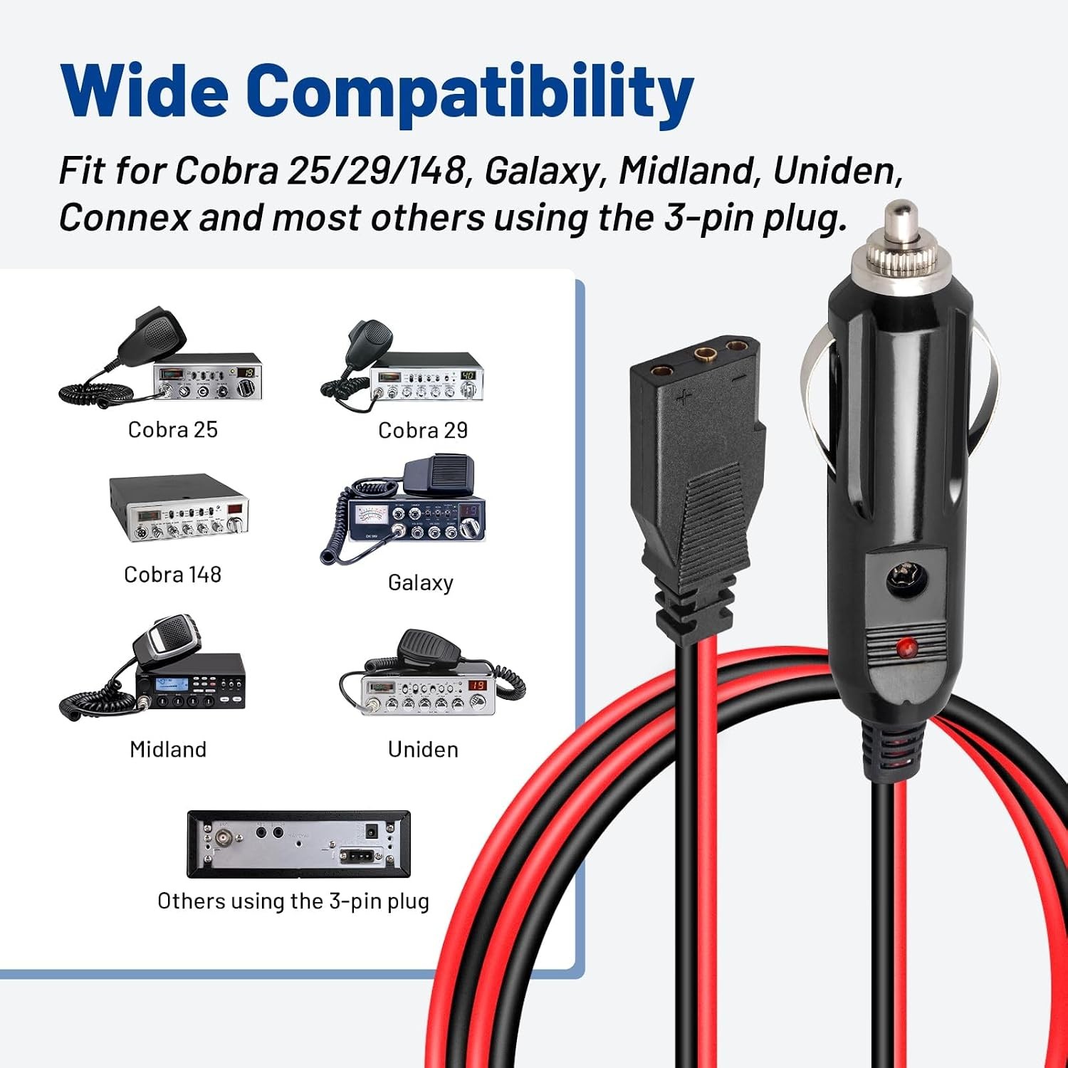2 Pack Cb Radio Power Cord 12V 3-Pin Plug Fused Replacement CB Power Cable