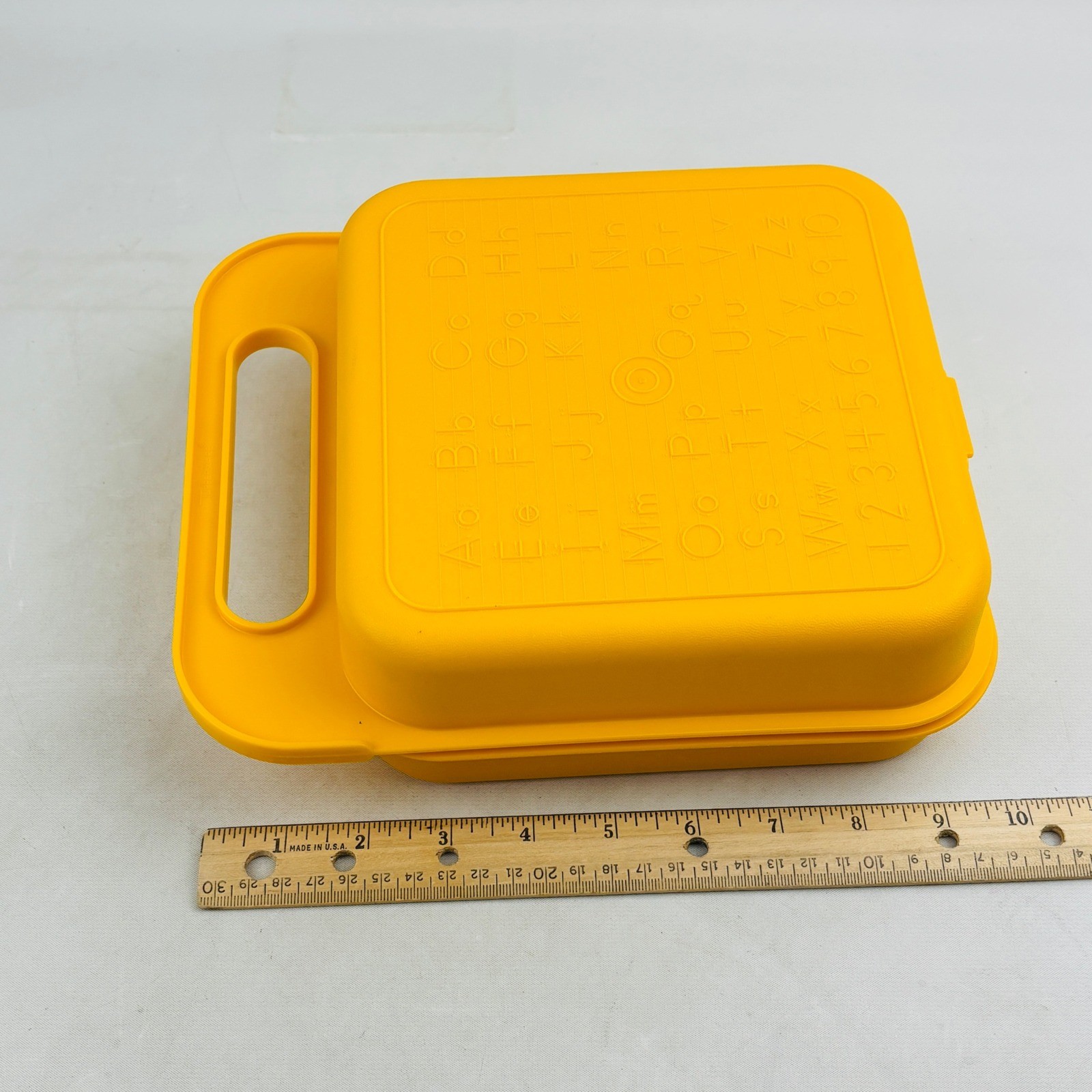 Vintage Tupperware Alphabet Carry Case 5 Stencil Lot Yellow ABC Pencil Lunch Box