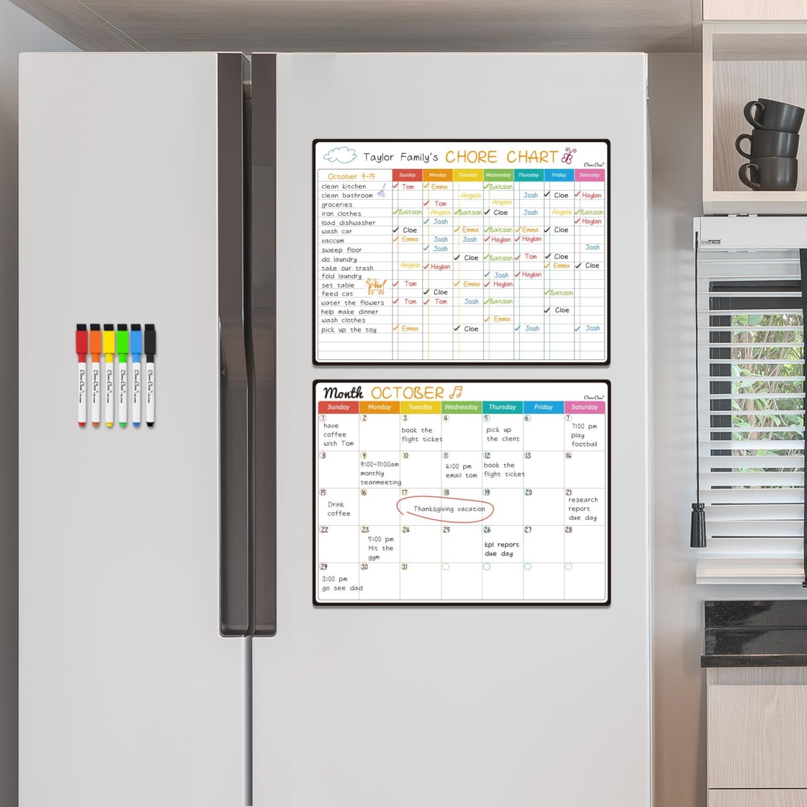 Magnetic Dry Erase Chore Chart & Monthly Calendar – 14.5″x11″, Fridge Organizer,