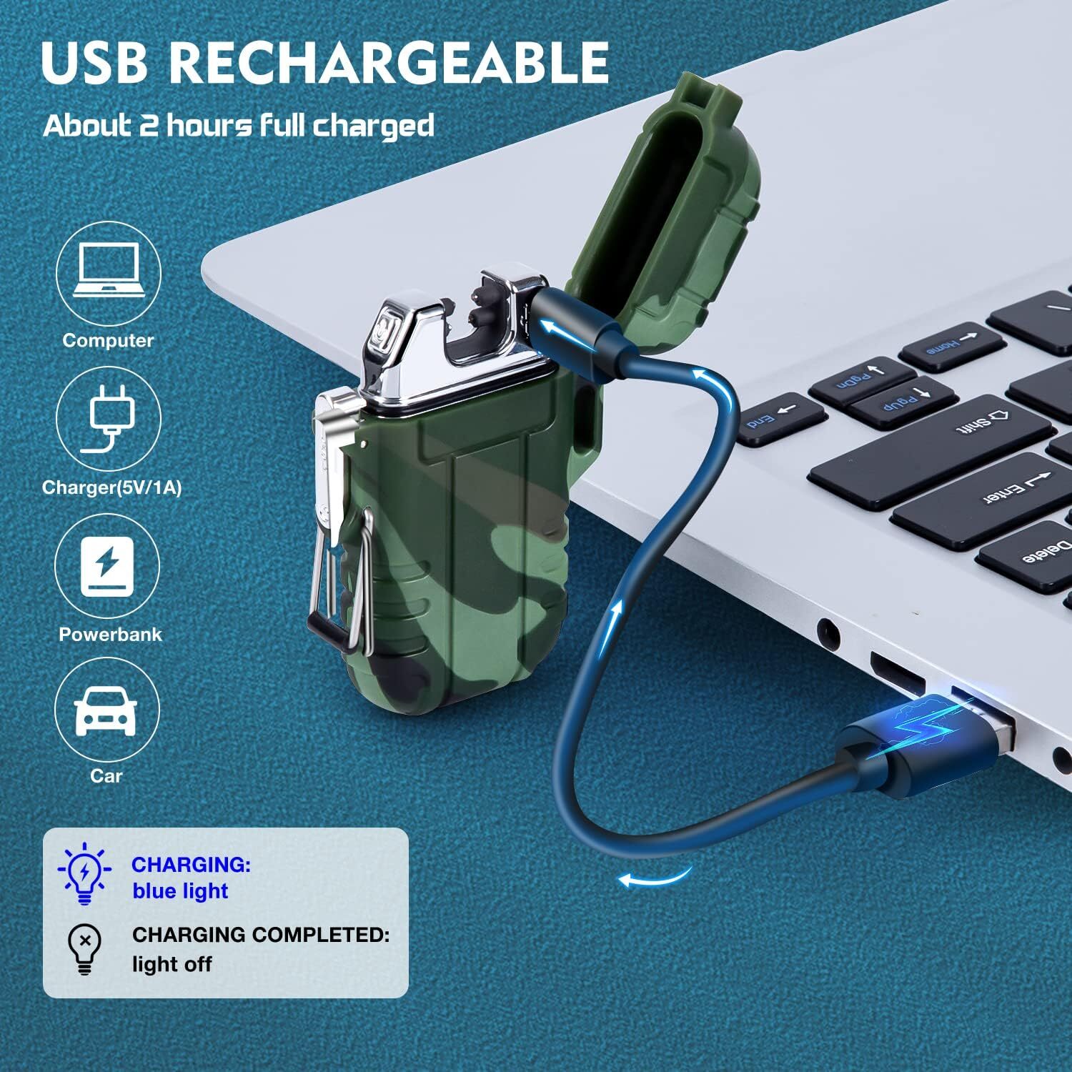 LcFun Waterproof Electric Dual Arc Lighter USB Rechargeable Outdoor Windproof