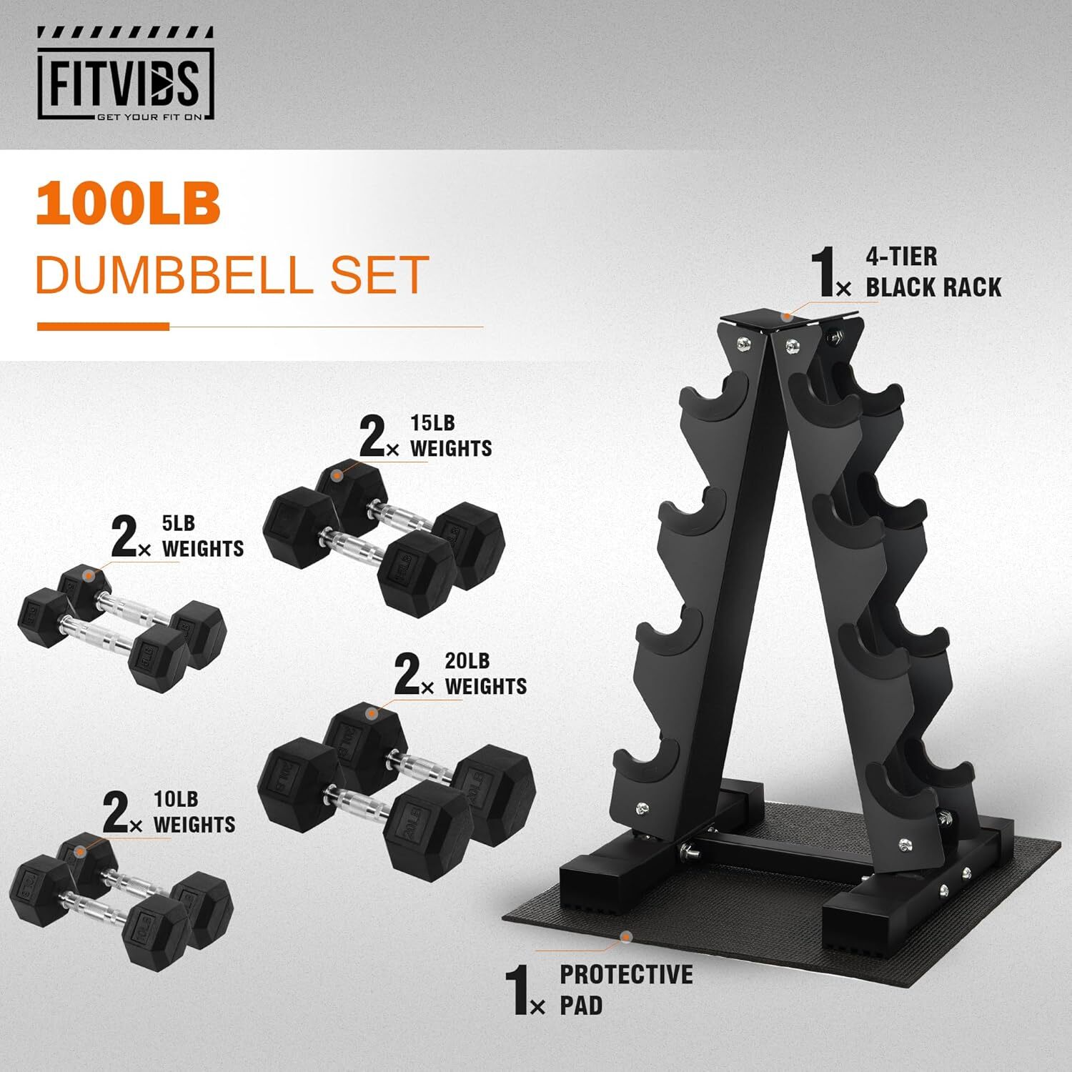 Rubber Coated Hex Dumbbell Weight Set and Storage Rack, 100LB Set or 150LB Set,