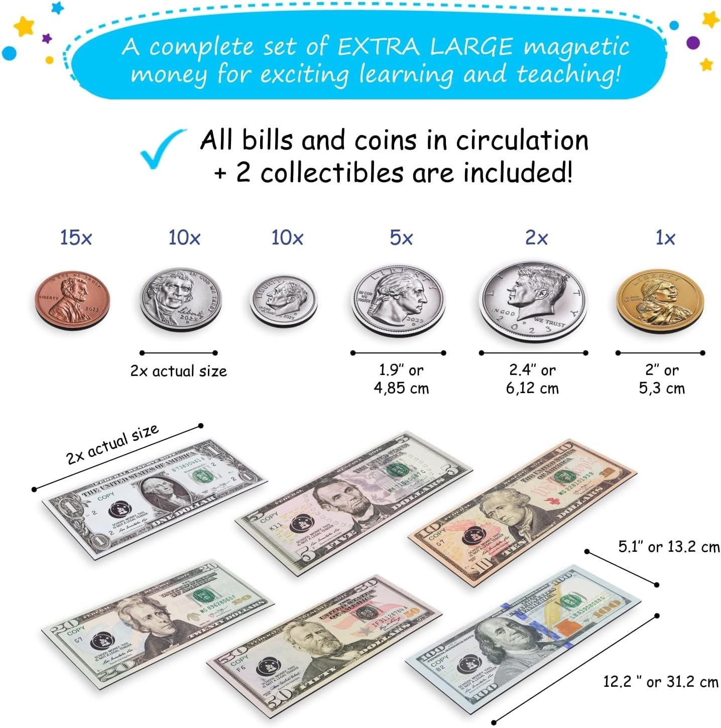 Jumbo Magnetic Play Money Set 57 PCS Educational Toy for Kids Classroom Learning