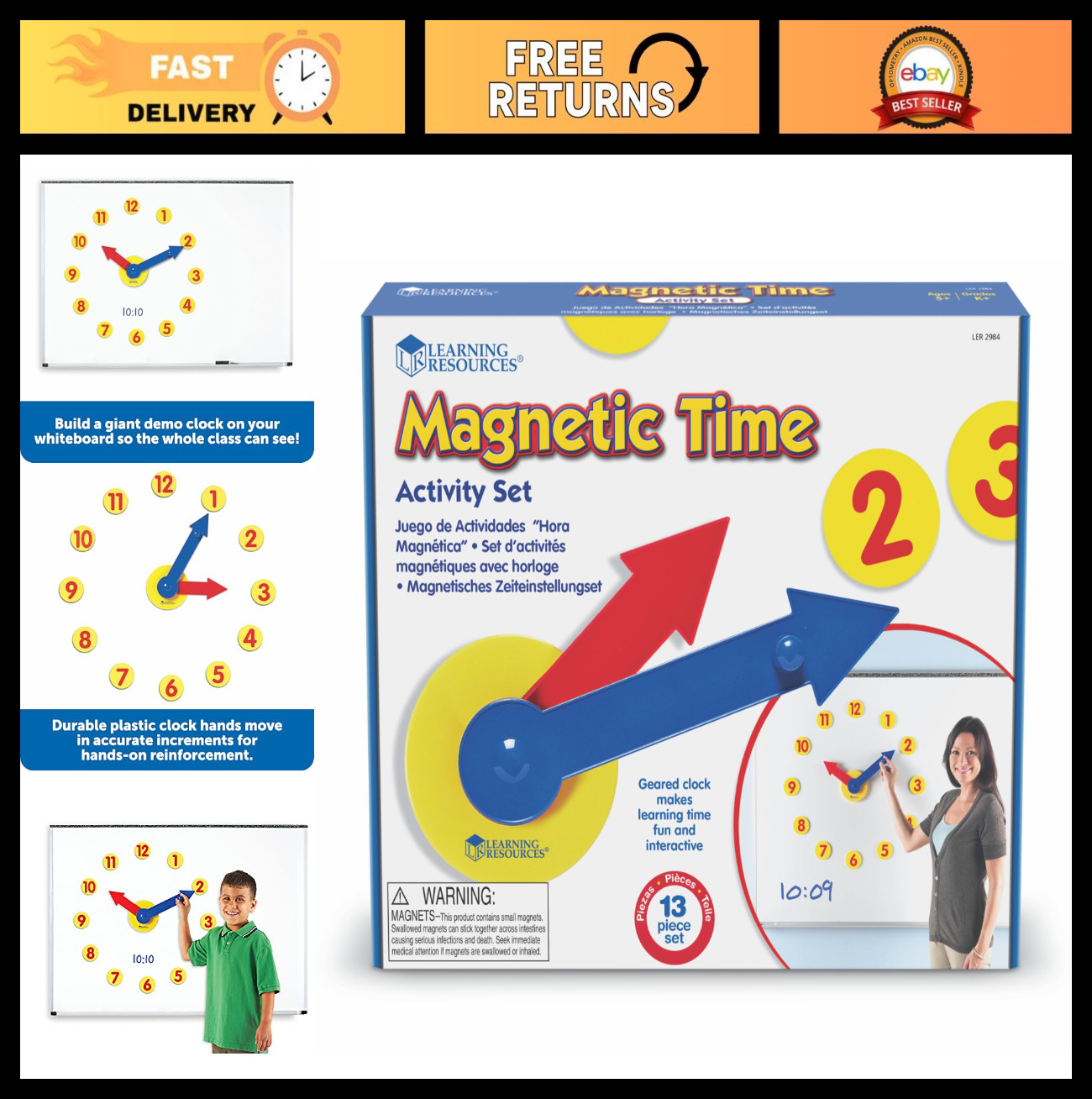 Magnetic Time Activity Set for Homeschooling – Time Telling & Basic Math Skills,