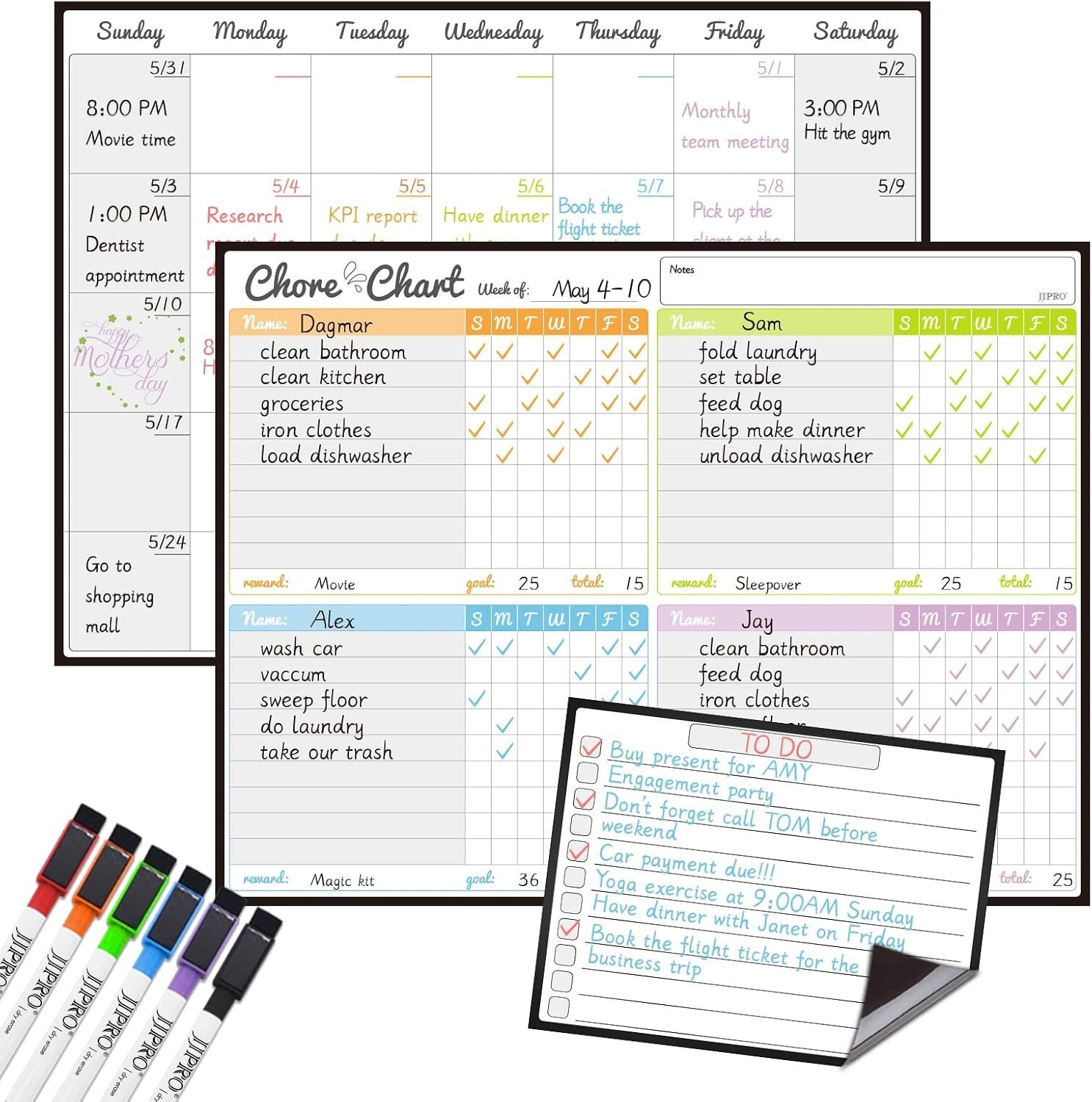 Magnetic Dry Erase Chore Chart Planner Kit Kids Family Fridge Calendar 6 Markers