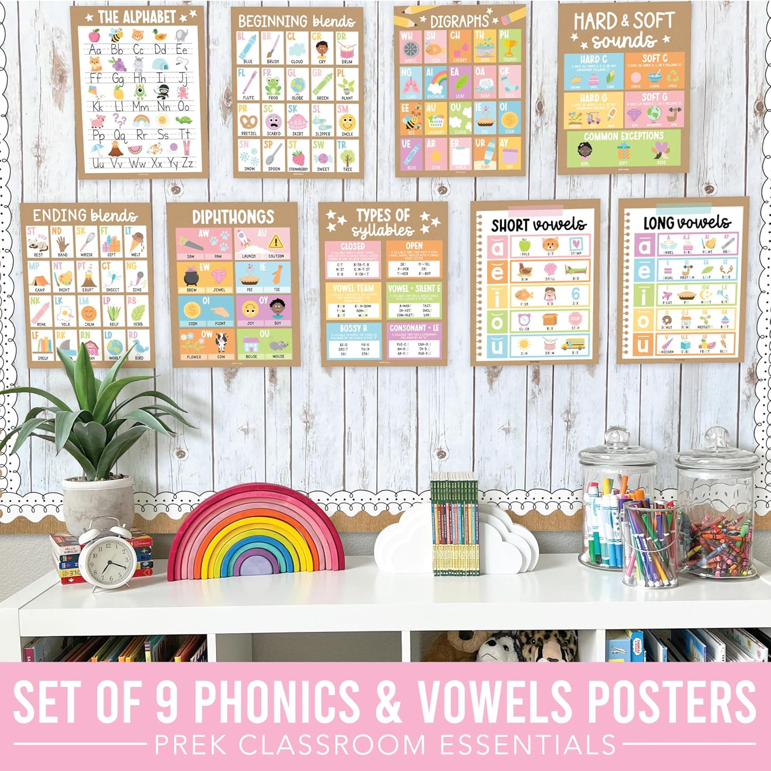 Phonics Posters for Classroom Must Haves – 9 Sound Wall for Kindergarten & Eleme