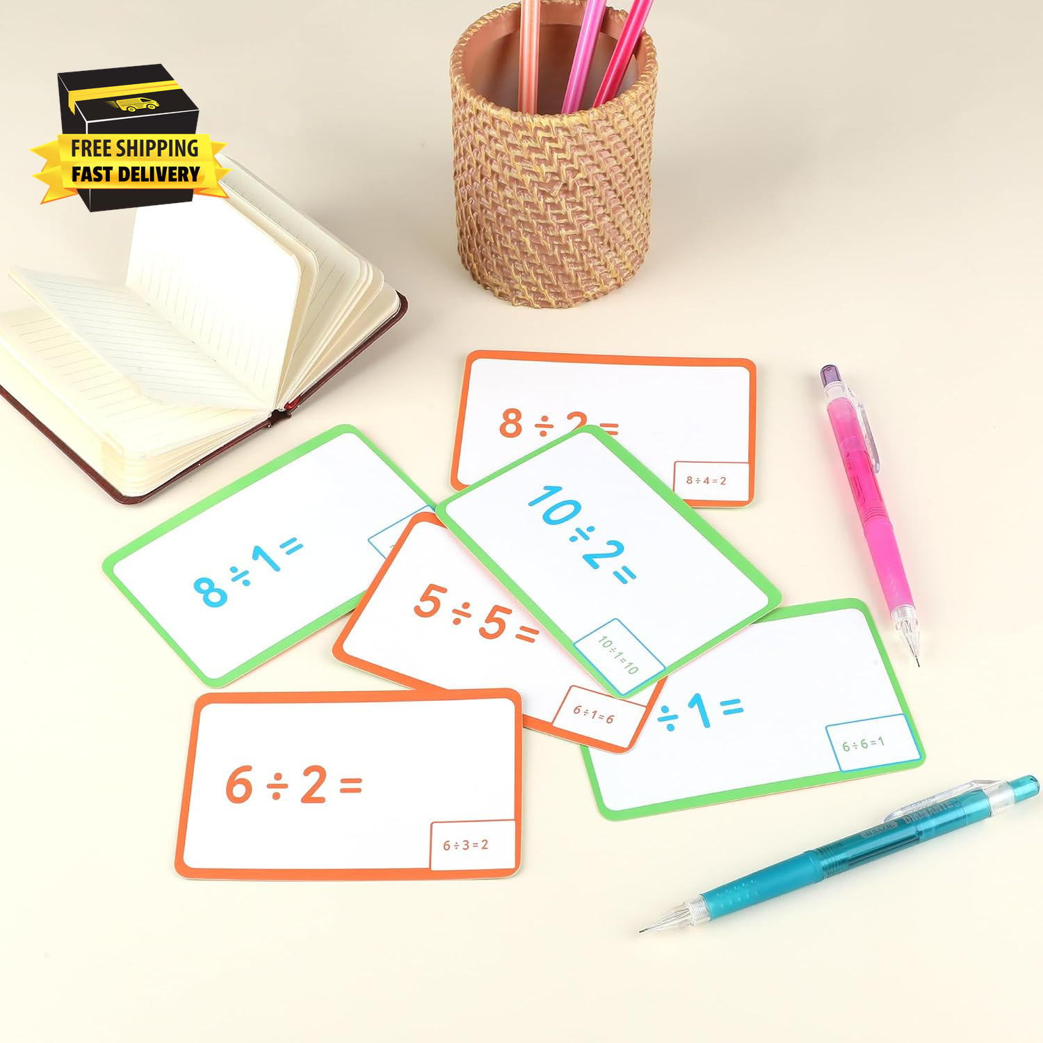 BAZIC Division Flash Cards (36/Pack) | Answer Printed on Each Card for Self-Chec