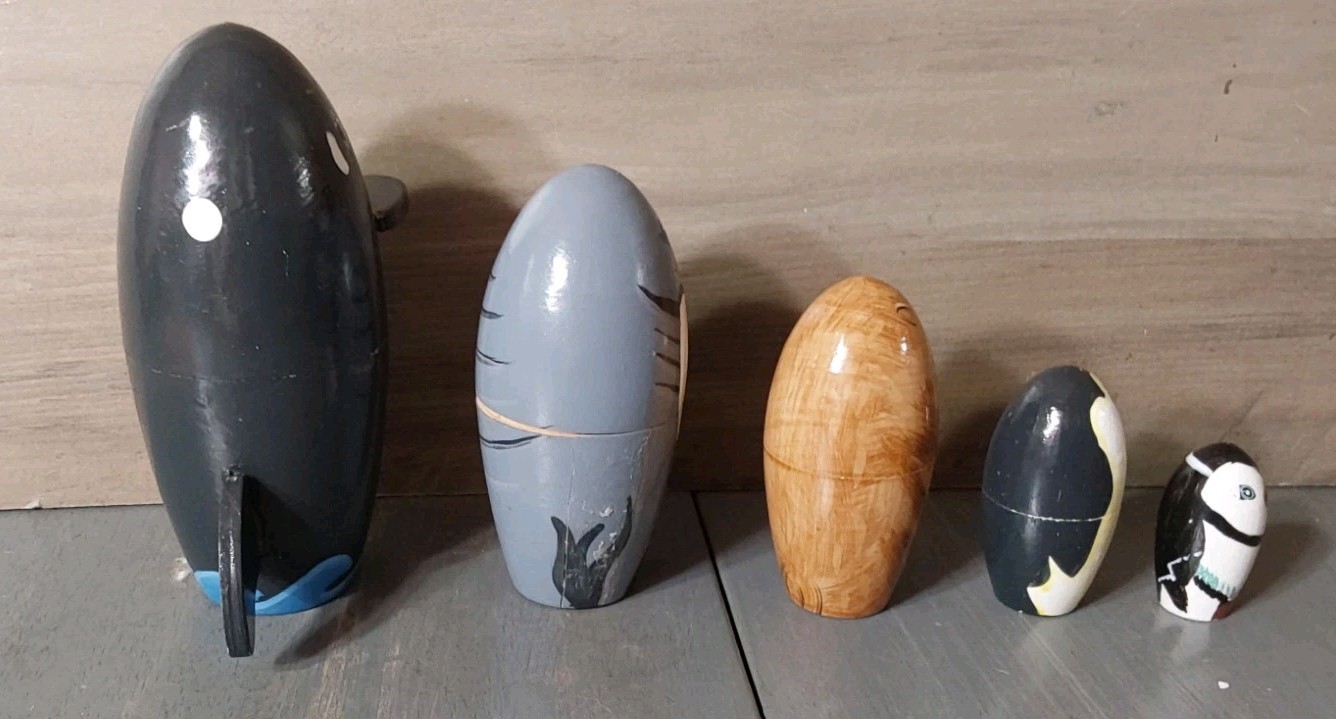 Ocean Marine Life 5pc Wooden Painted Nesting Doll Whale Walrus Penguin Puffin