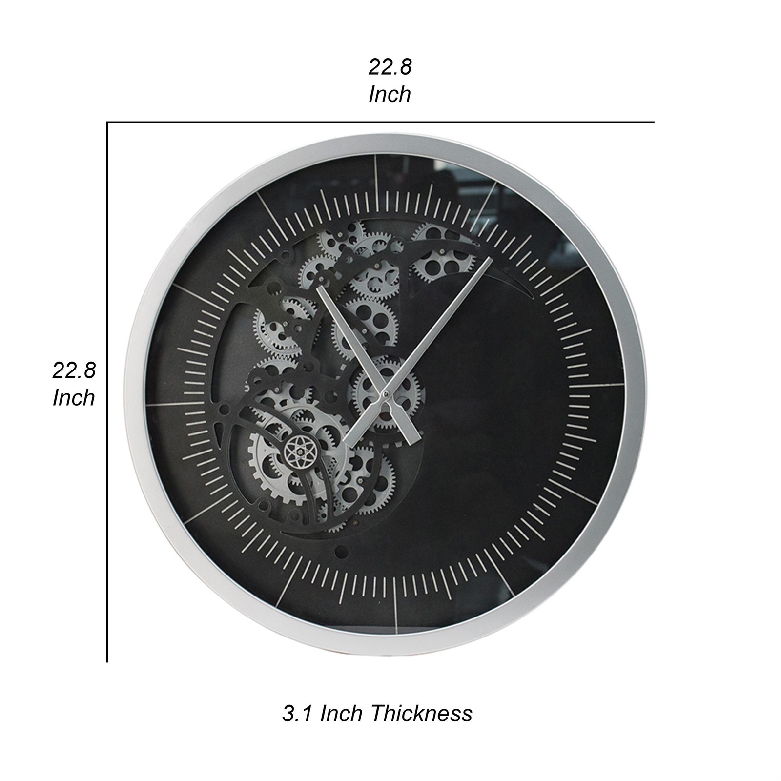 Benjara Reny 23″ Wall Clock- Decorative Gear Design- Round- Silver- Black Iron