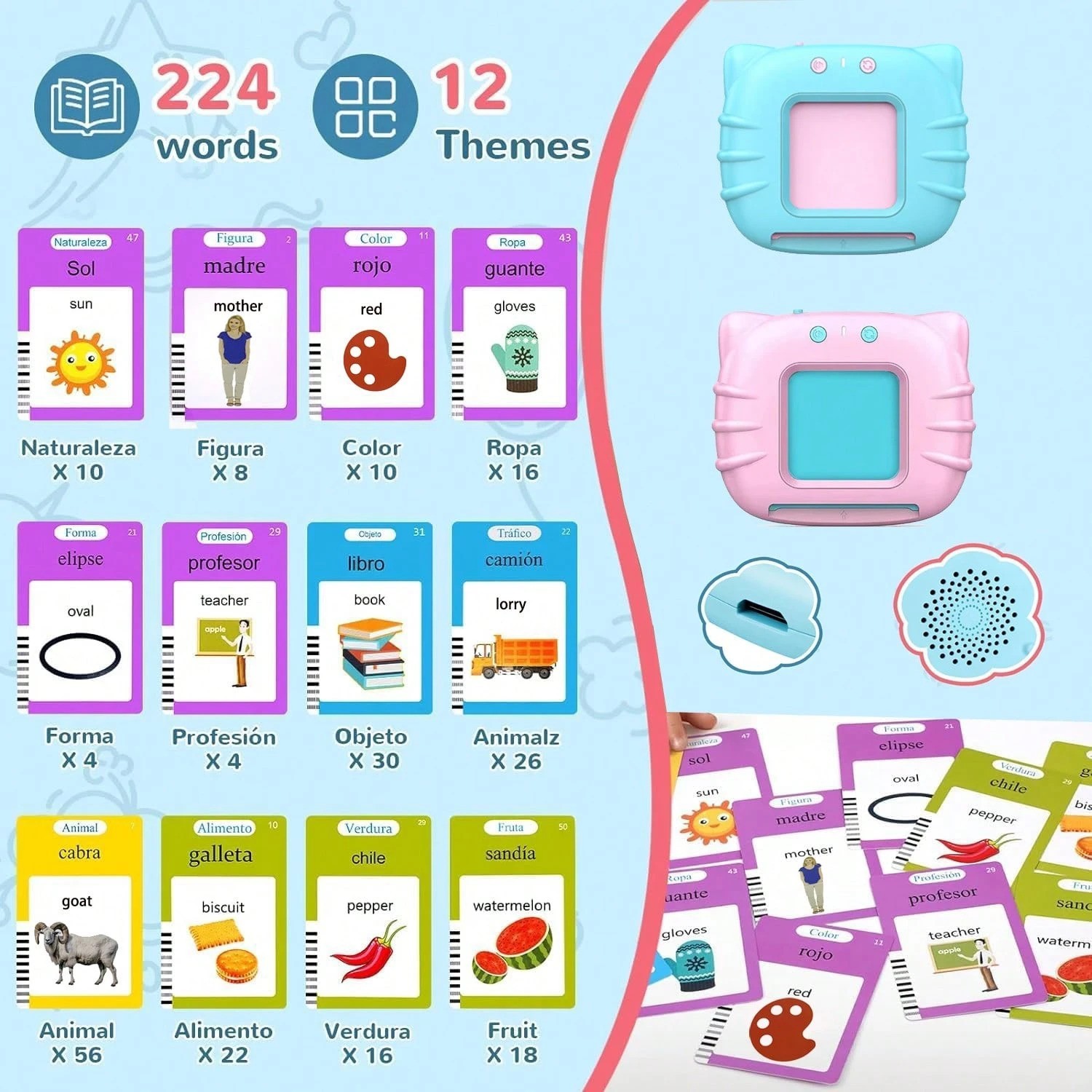 Spanish English Talking Flash Cards 224 Sight Words Bilingual Learning Toy
