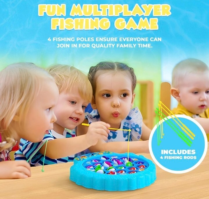 Fishing Game Play Set – 21 Fish, 4 Poles, Rotating Board On-Off Music Switch