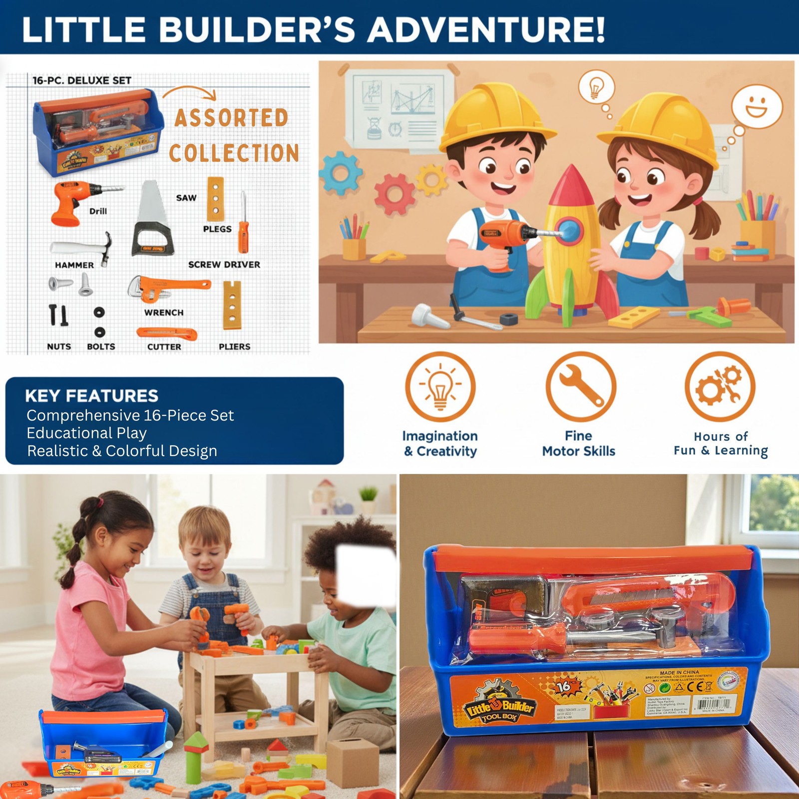 16-Piece Construction Tool Set Safe & Durable Building Toys Kids Christmas Gift