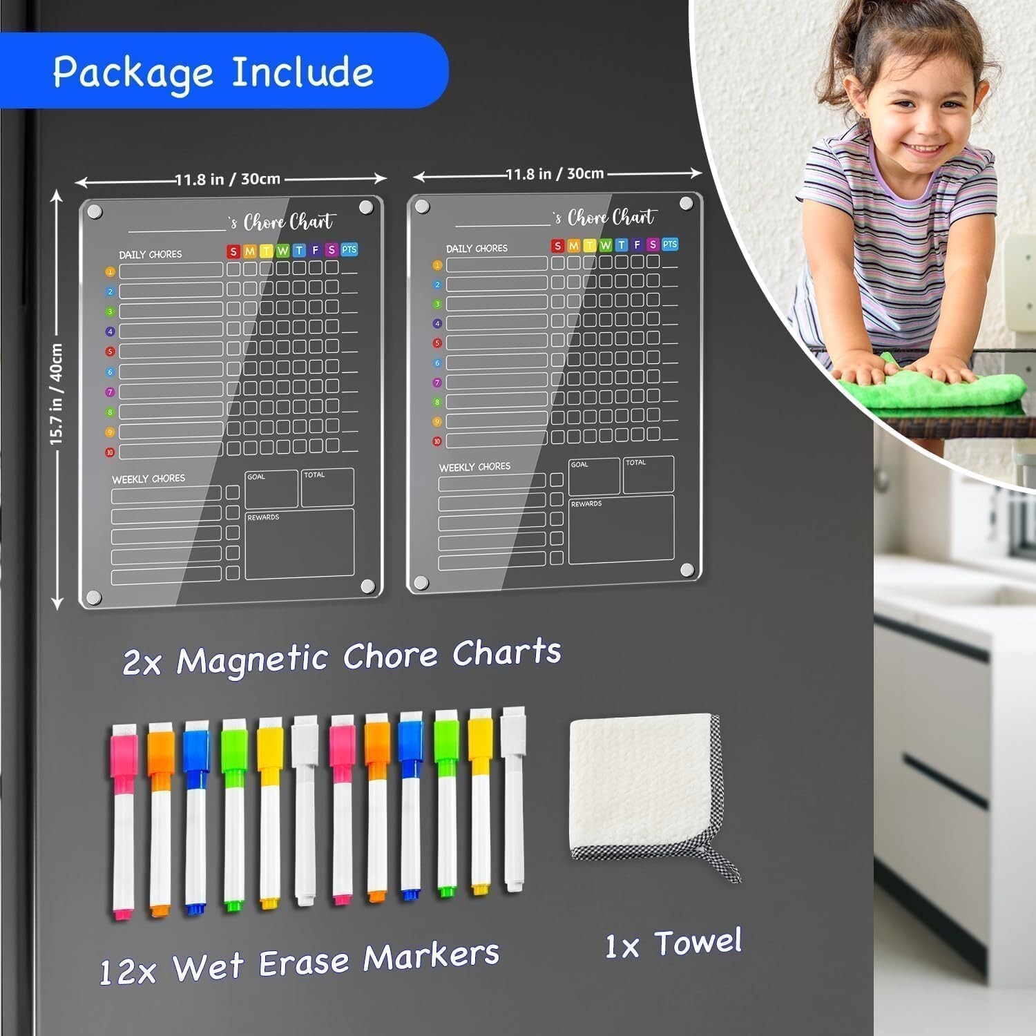 Interactive Magnetic Chore Chart with 12 Markers for Kids – 2PCS, 12″x16″ Design