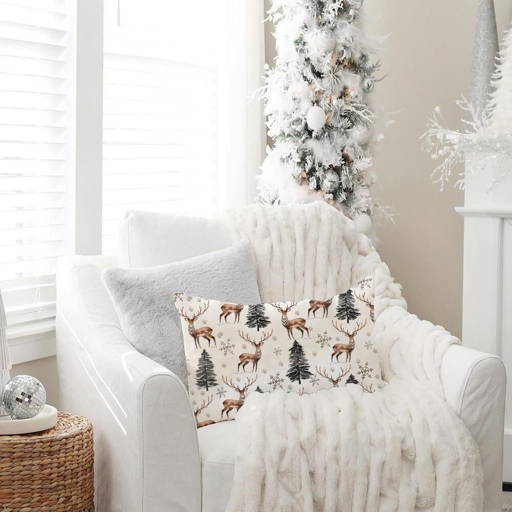 AACORS Winter Pillow Cover 12×20 Inch Reindeer Trees Snowflake Decoration