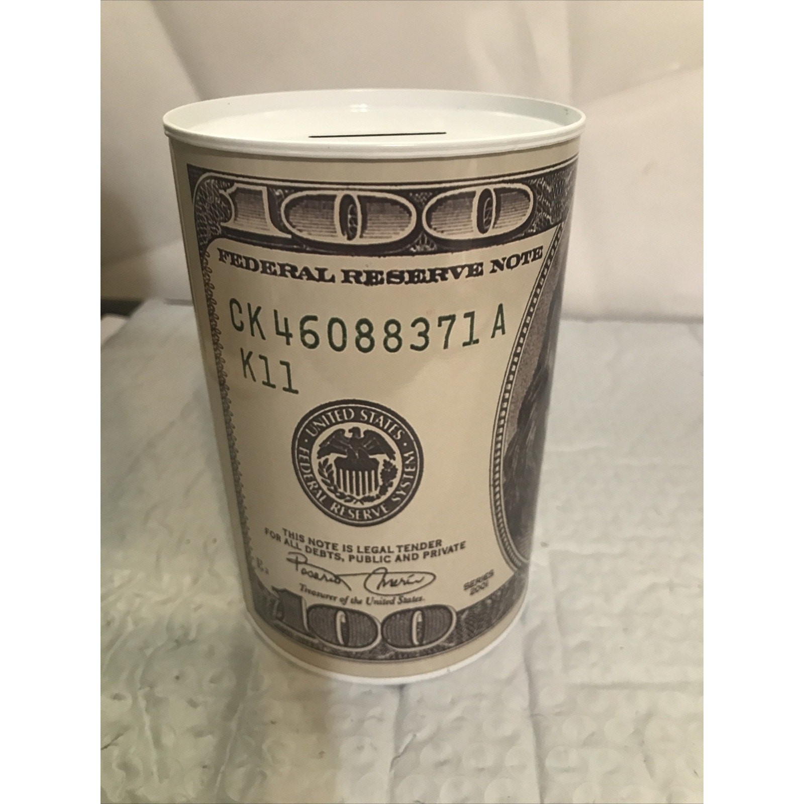 Ben Franklin Hundred Dollar Bill Money Coin Saver Tin Money Savings Piggy Bank