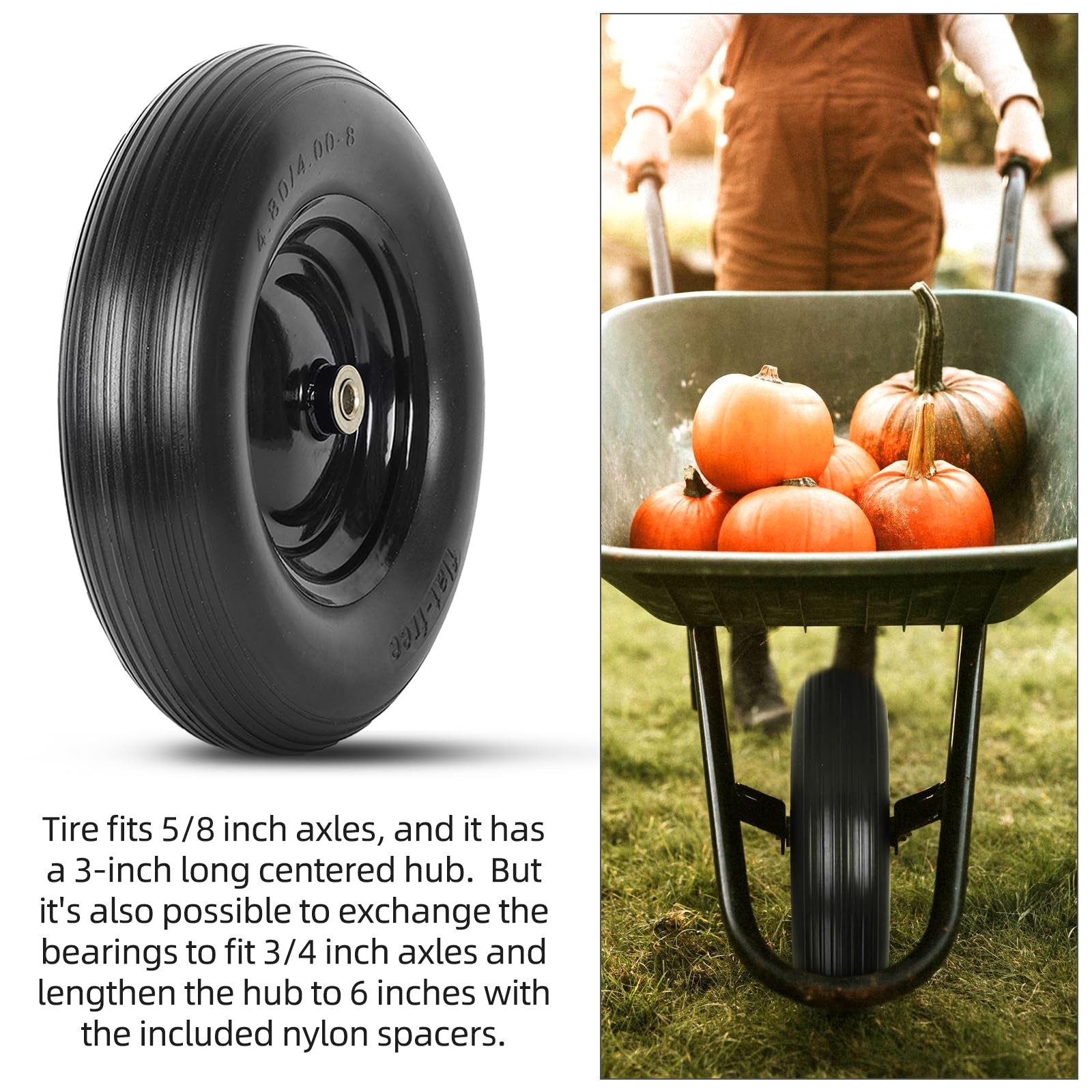 (2-PACK) 4.80/4.00-8″ Tire and Wheel – Universal Fit 16″ Flat Free Solid Whee…