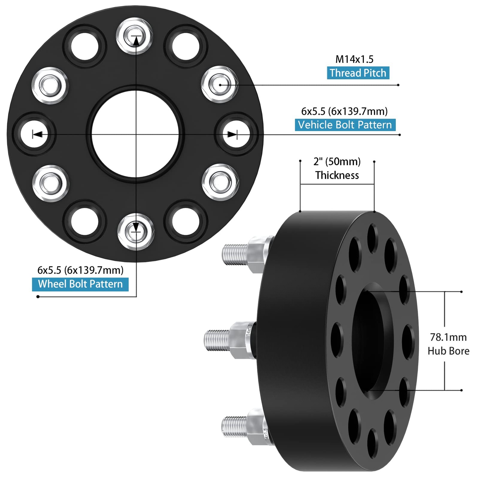 HHCSOP 6×5.5 Wheel Spacers 2 inch 6 Lug 78.1mm M14x1.5