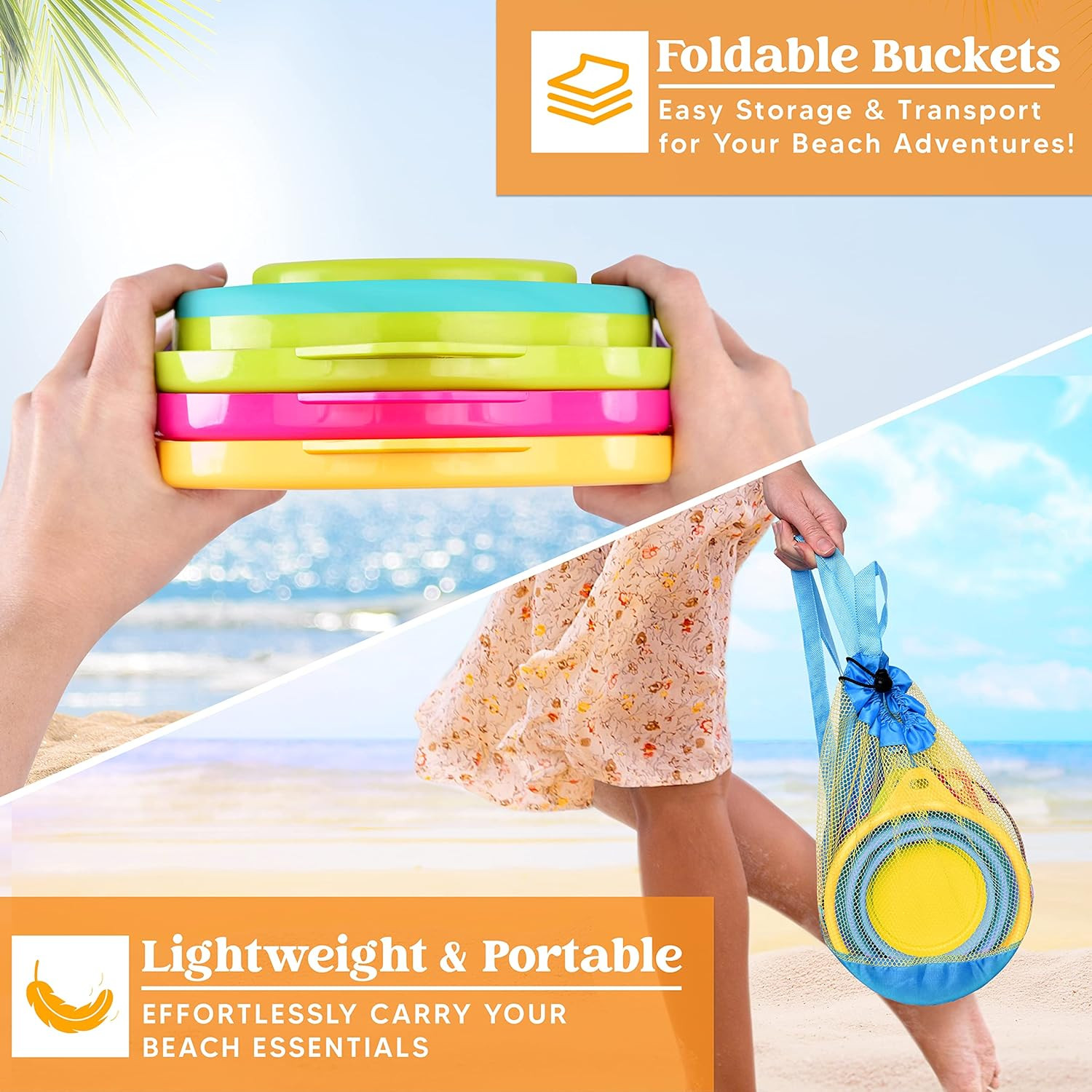 JOYIN 3 Packs Foldable Pail Bucket with Shovels & Mesh Bag, Collapsible Buckets