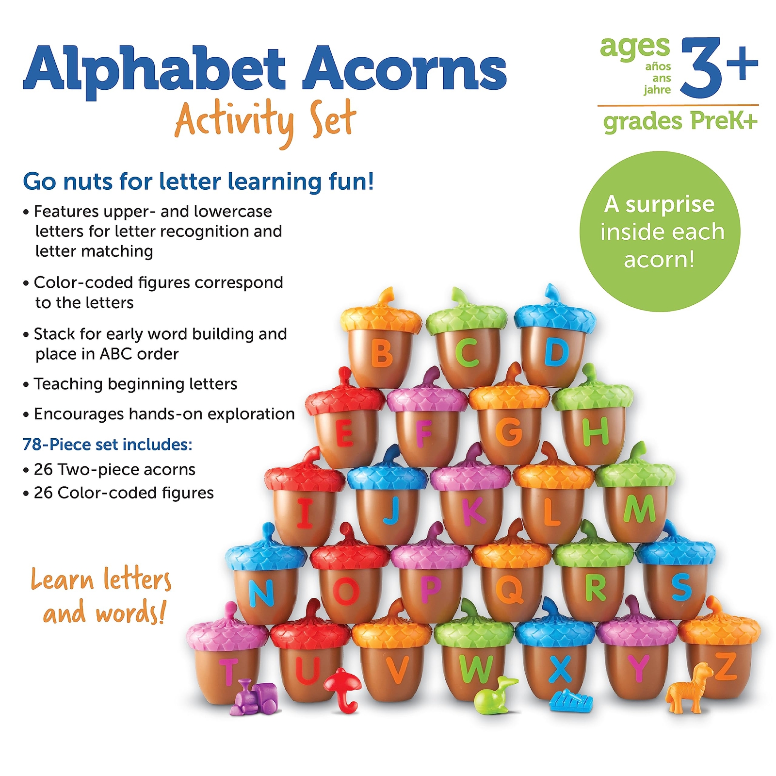 78 Piece Acorn Alphabet Set for Kids Visual Tactile Learning Toys Games