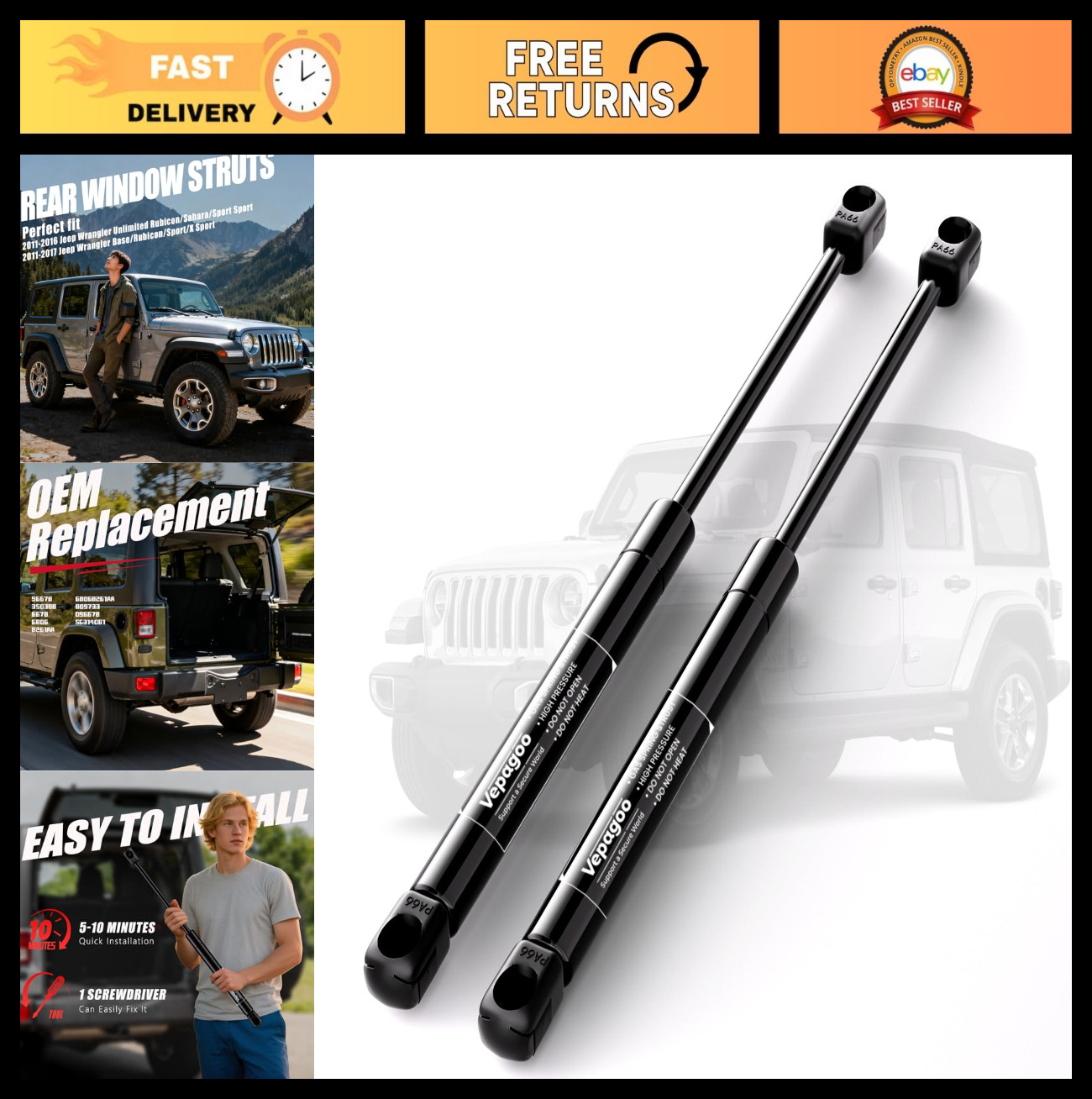 Rear Window Struts for Jeep Wrangler 2011-2017, Gas Shocks, Lift Support, OEM Fi