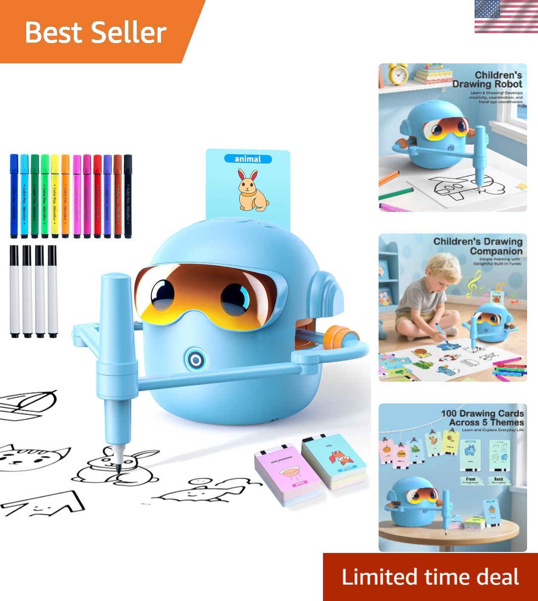 Montessori-Inspired Drawing Robot with 100 Cards & Colorful Pens – Gift for Kids