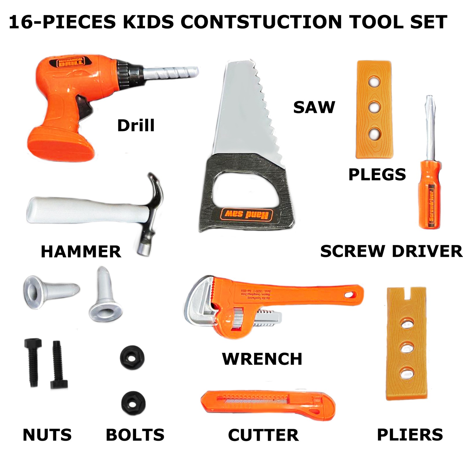 Deluxe 16-Piece Construction Tool Assorted Set Complete Workshop for Kids