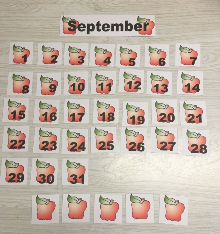 Apple Theme September – 31 Laminated Calendar Squares + Blank Cards