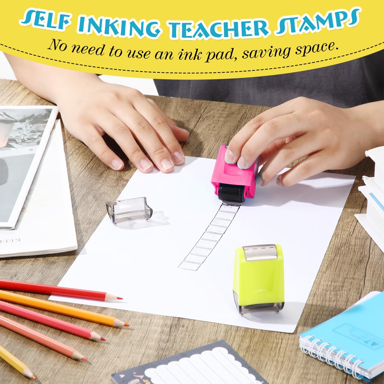 2 PCS Teacher Stamps Square Grids Frames Roller Stamp Self Inking Refillable