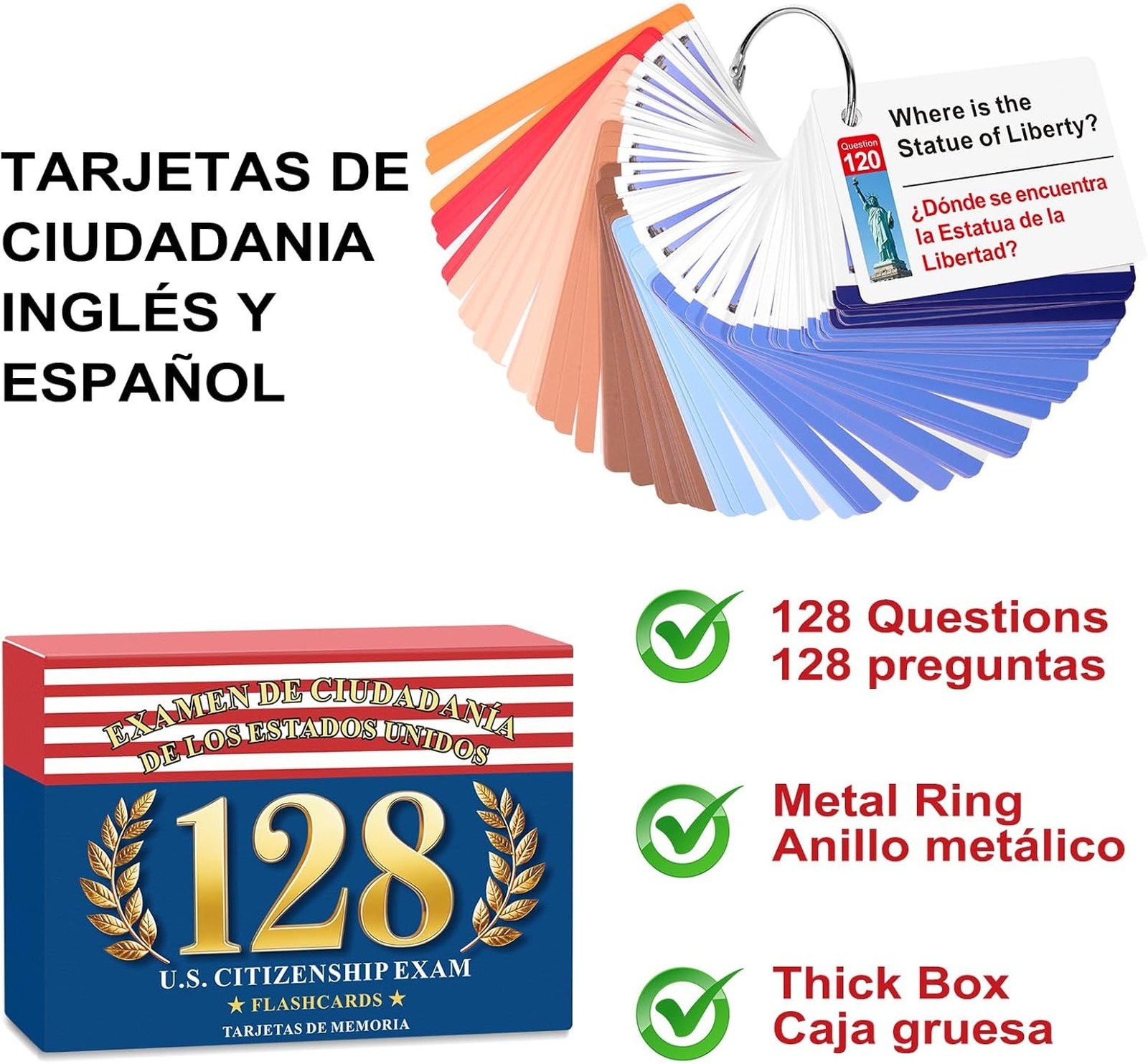 US Citizenship Flash Cards 2026, Bilingual English Spanish, Civics Questions