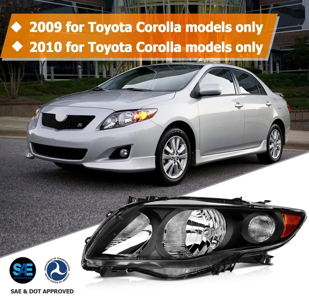 Headlight Assembly for Toyota Corolla 2009 2010 Black Housing Amber Reflector…