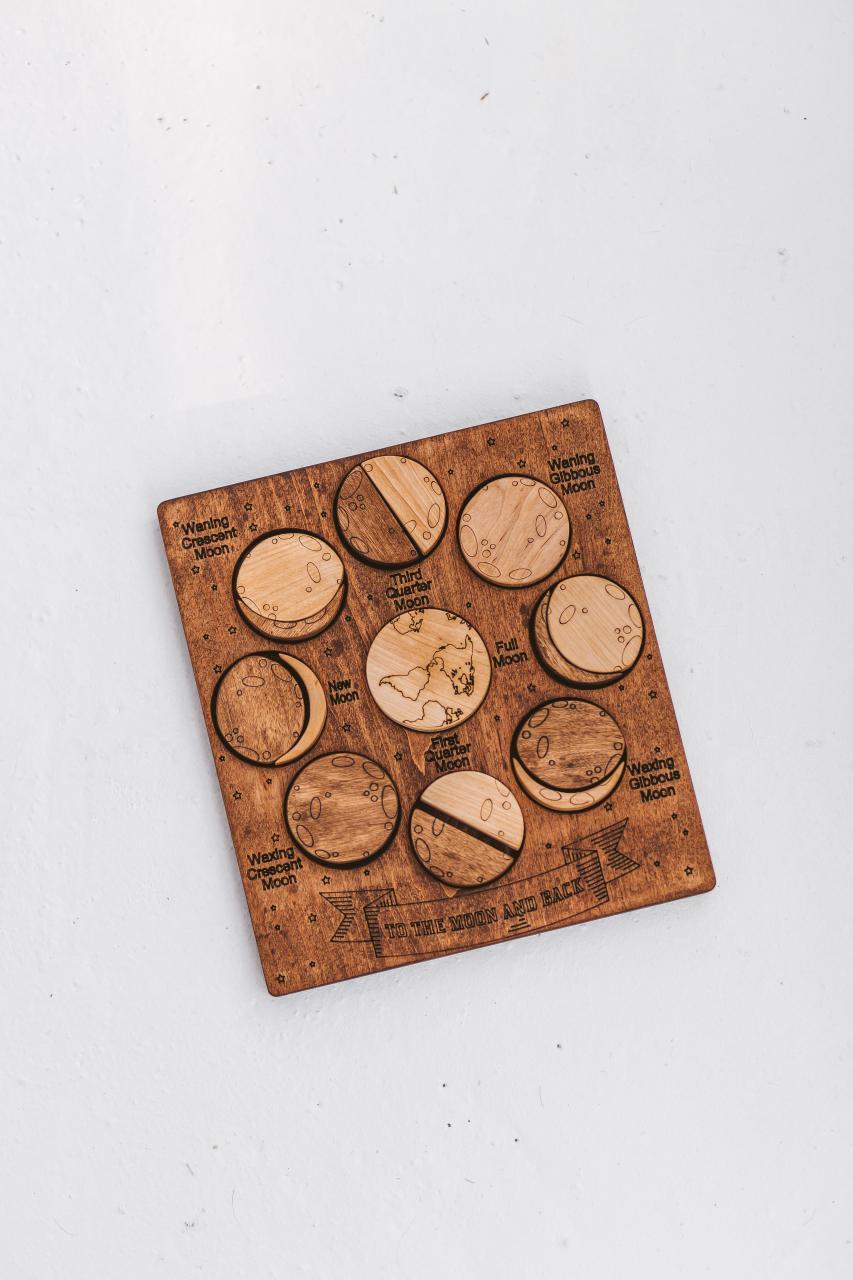 Moon phases puzzle, Wooden educational toy, home school materials wood kids gift