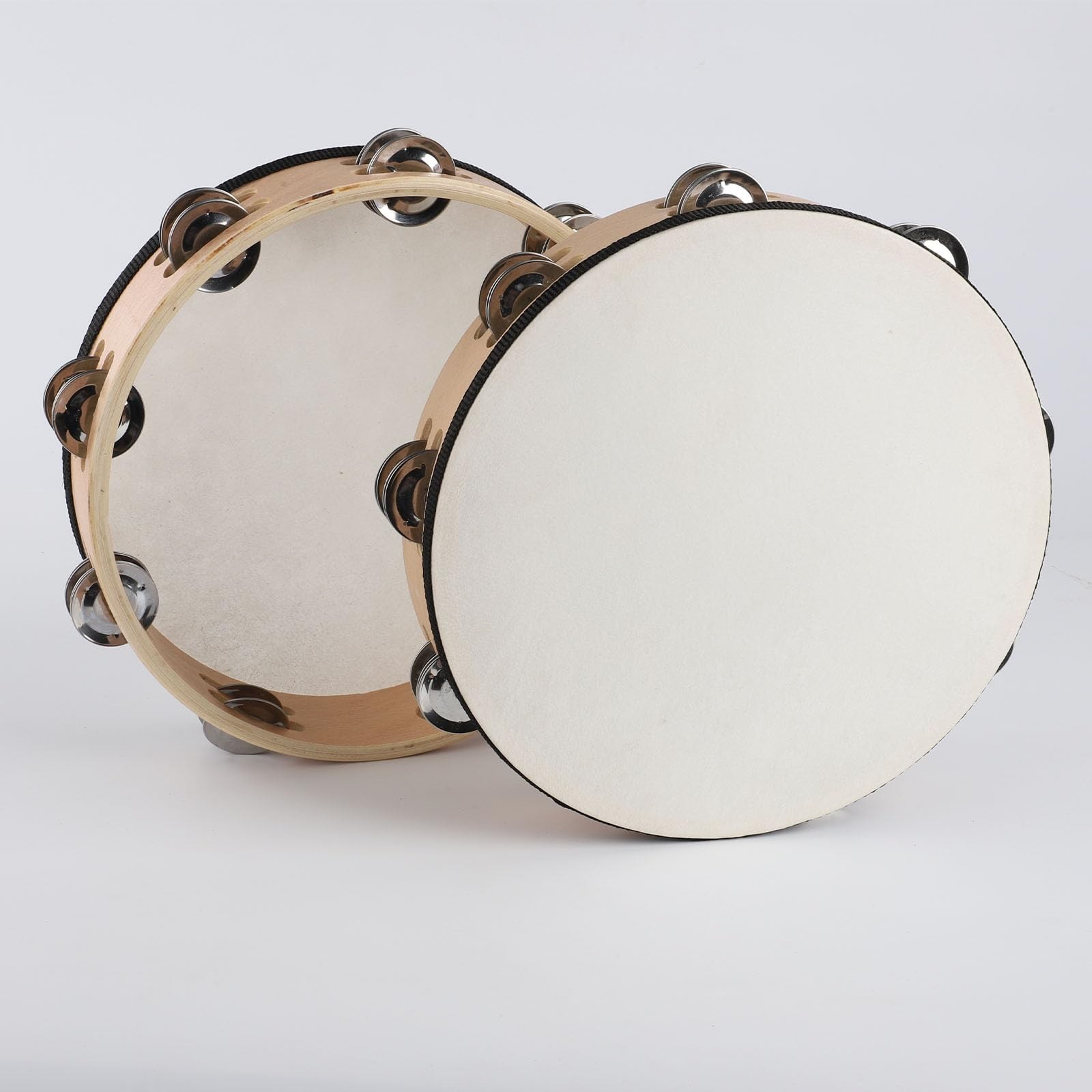 LIEKE Goatskin Tambourine 10 Inch Beechwood Hand Held Drum for Adult with 8 P…