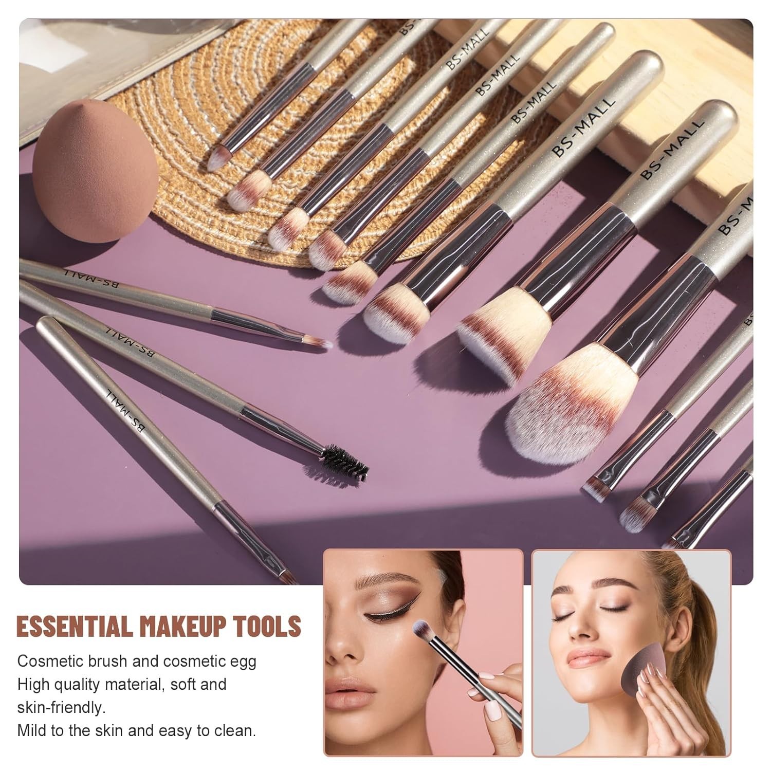 Travel Makeup Brush Set BS-MALL 14 Pcs with 1 Pcs Makeup Sponge – Essential Foun