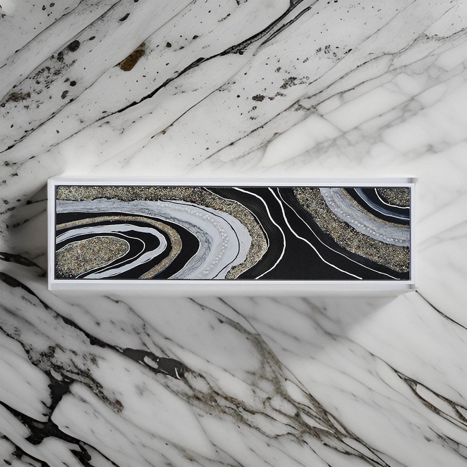 Benjara 20 x 71 Wall Art Oil Painting- Long L&scape- Silver Stones- Brown- Black