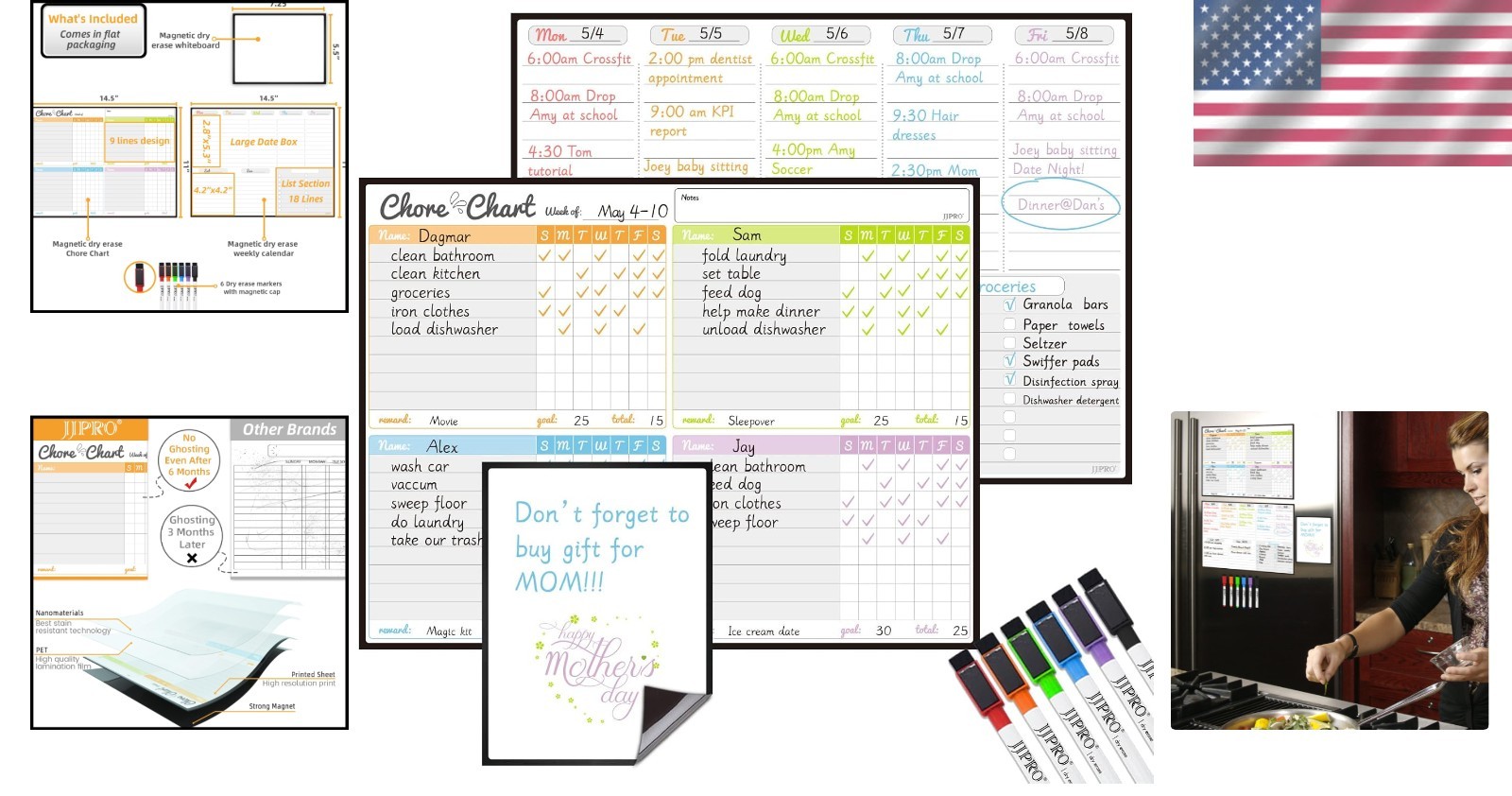 Family-Friendly Magnetic Chore Chart and Planner – Bonus Erase Markers Included