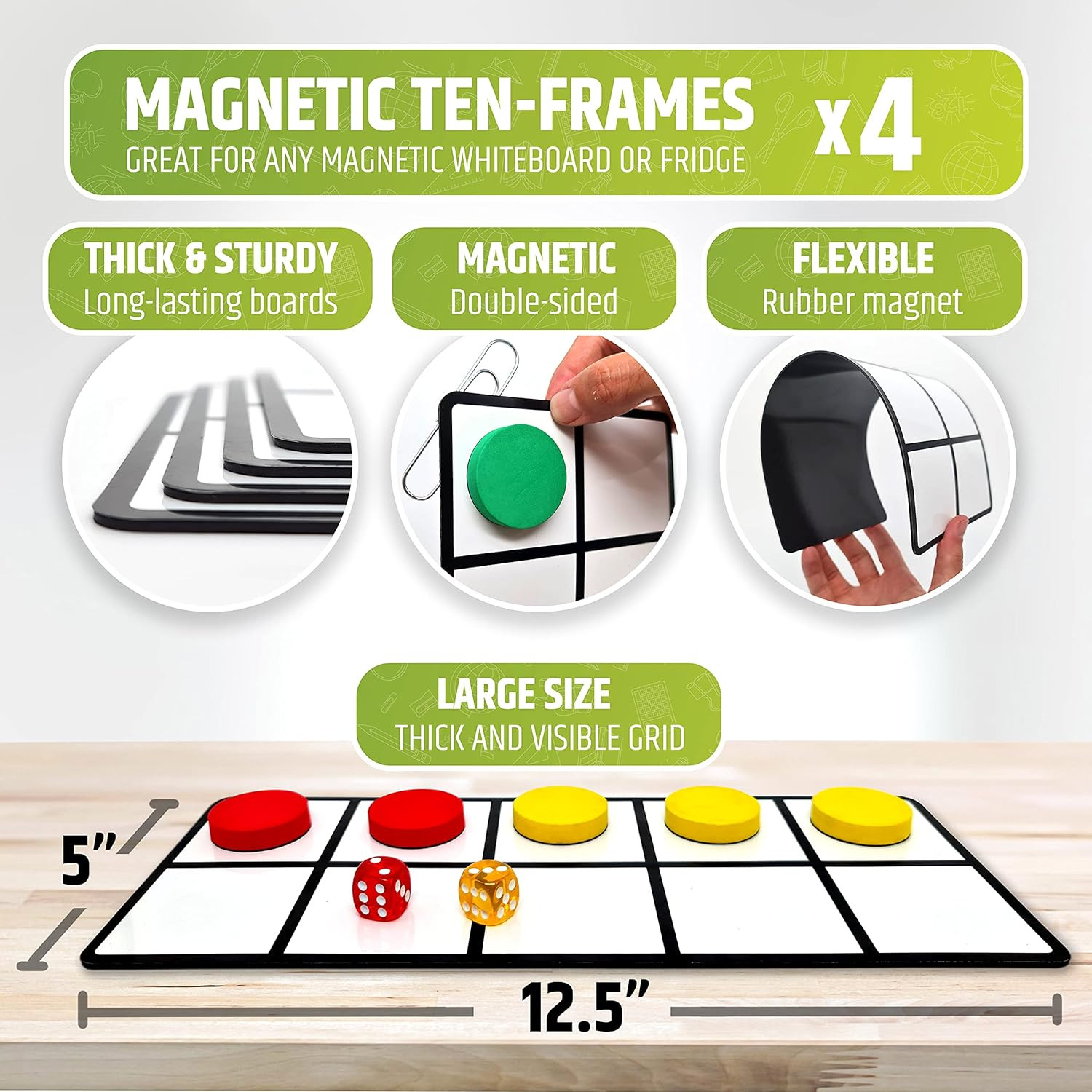 Magnetic Ten Frame Set: 4 Durable Ten-Frames + 50 Colorful Counters + 50 Math Fl