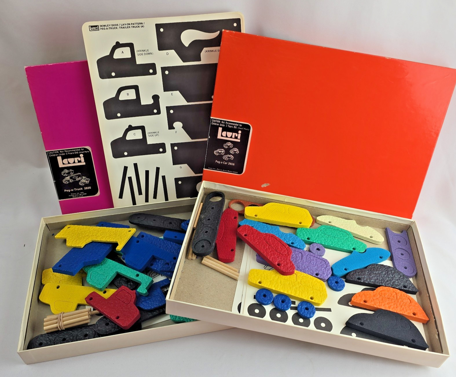 Vtg 70s Toy Lauri Peg-a-Car & Peg-a-Truck Vehicle Building 3D Puzzles Foam READ!