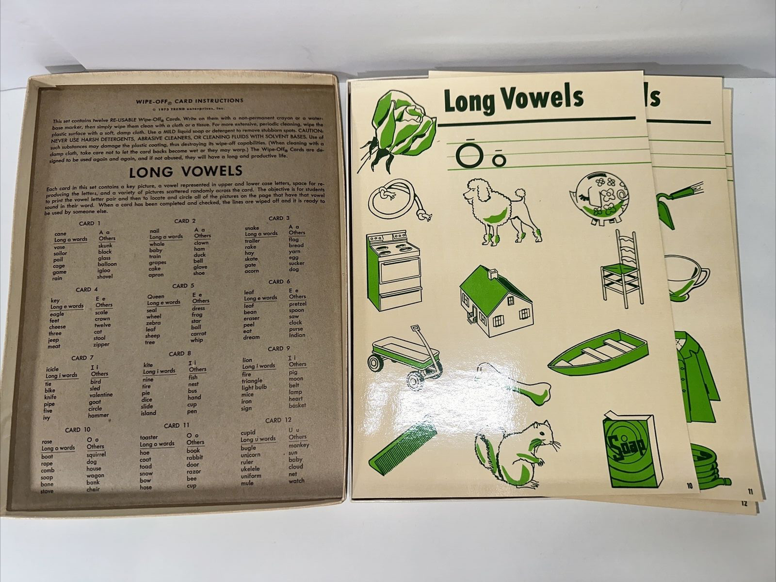 Vintage Retro Wipe-Off Cards Long Vowels Set Of 12 Plastic Coated Trend 1973