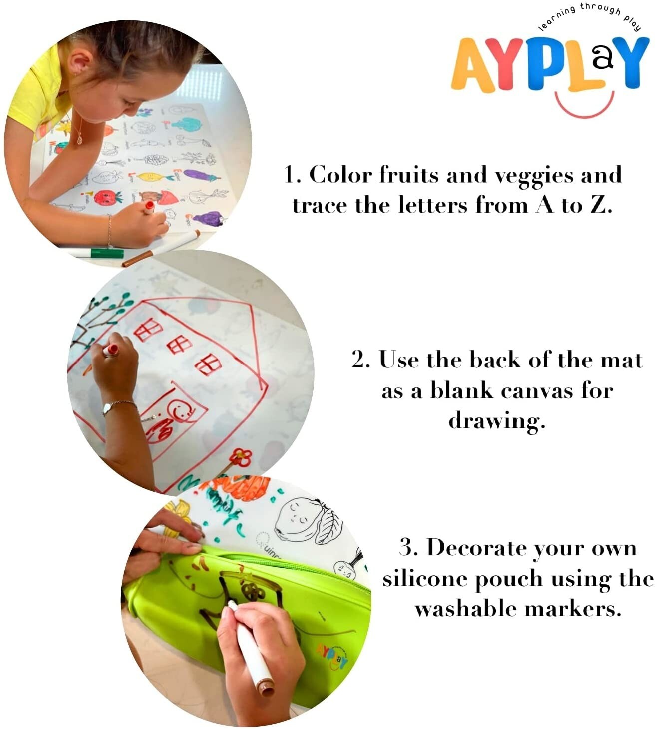 AYPLAY Food Alphabet – Kids Placemat – Fruits & Veggies from A to Z – 16”x12”