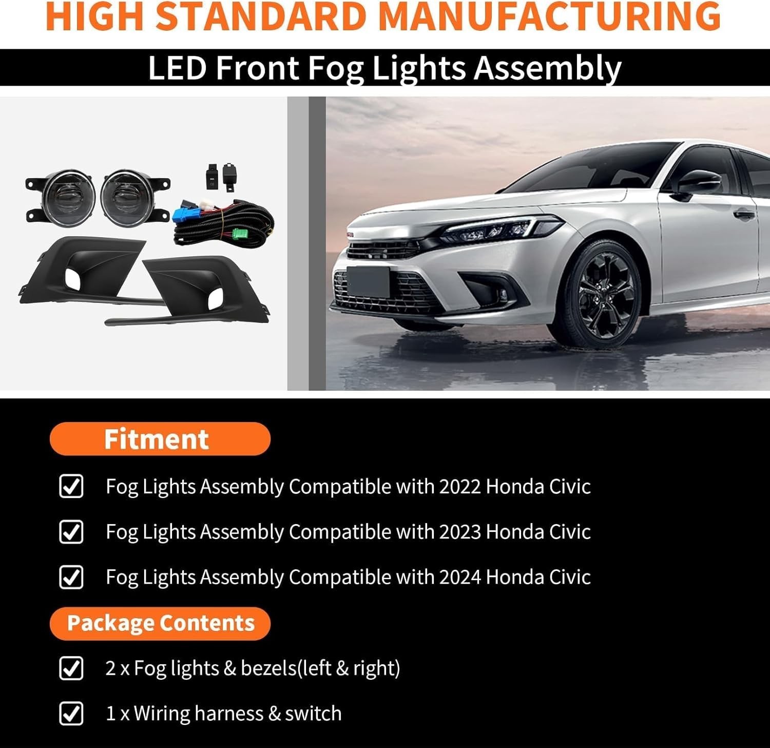 Front Bumper Fog Lights Assembly Compatible with 2022 2023 2024 Civic Pair Fog