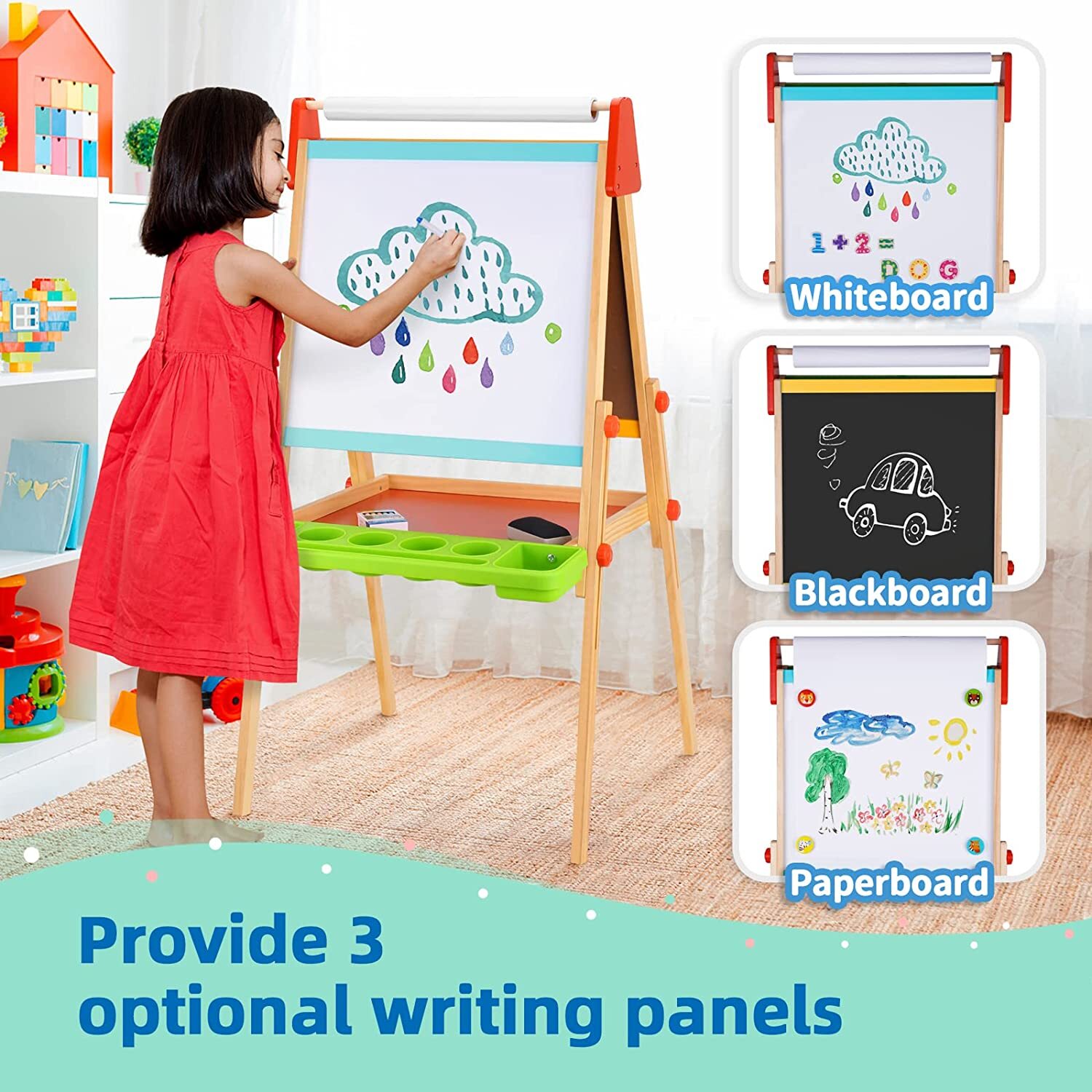 TOOKYLAND Wooden Toy Easel for Kids with Whiteboard and Chalkboard